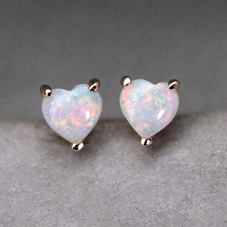 Small Heart Shaped Australian Solid Opal Stud Earrings 14K Yellow Gold In New Condition For Sale In Suwanee, GA