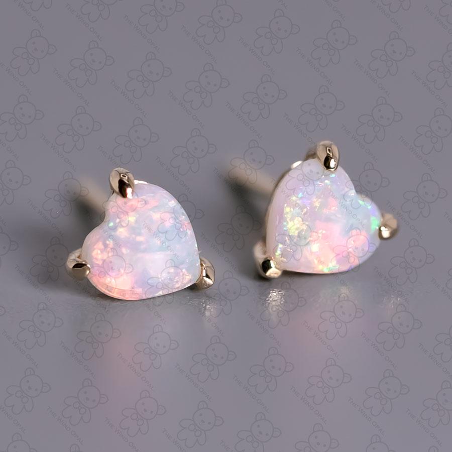 Women's or Men's Small Heart Shaped Australian Solid Opal Stud Earrings 14K Yellow Gold For Sale