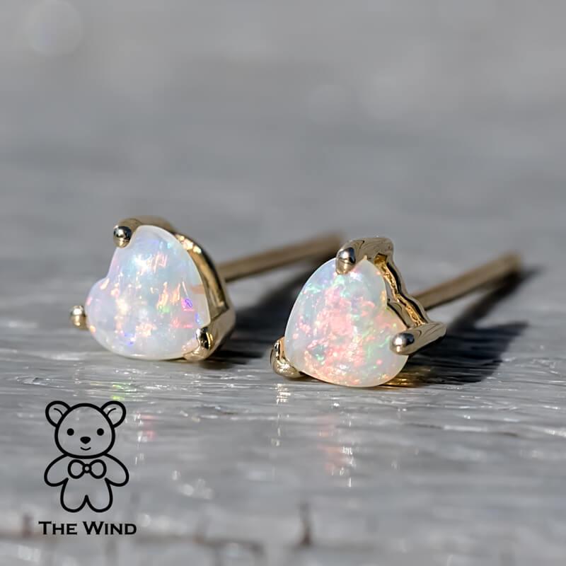 Small Heart Shaped Australian Solid Opal Stud Earrings 14K Yellow Gold For Sale 1