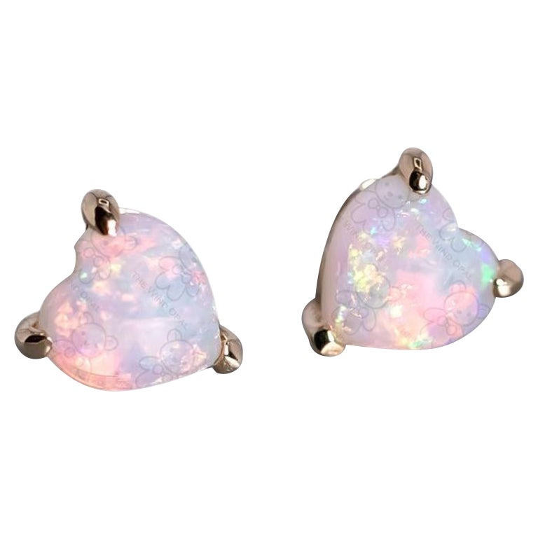 Small Heart Shaped Australian Solid Opal Stud Earrings 14K Yellow Gold For Sale