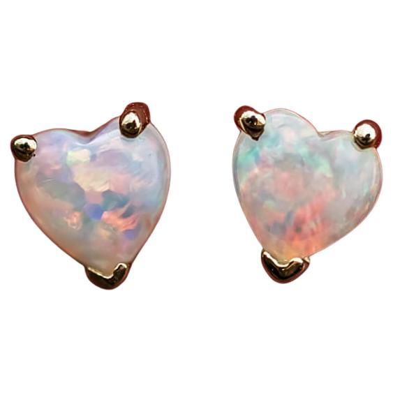 Small Heart Shaped Australian Solid Opal Stud Earrings 14K Yellow Gold For Sale