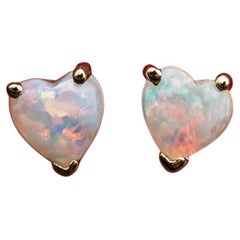 Small Heart Shaped Australian Solid Opal Stud Earrings 14K Yellow Gold