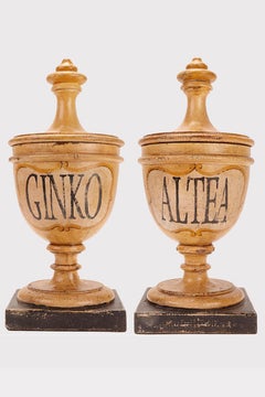 Small herbalist pharmacy wooden jars, Italy 1870.