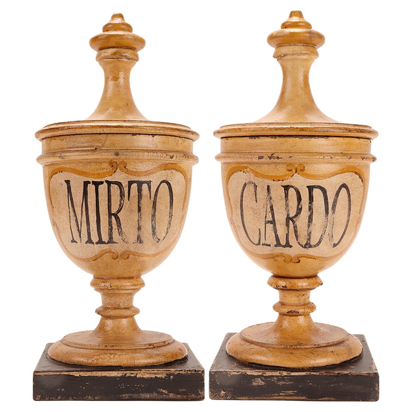 Small herbalist pharmacy wooden jars, Italy 1870.