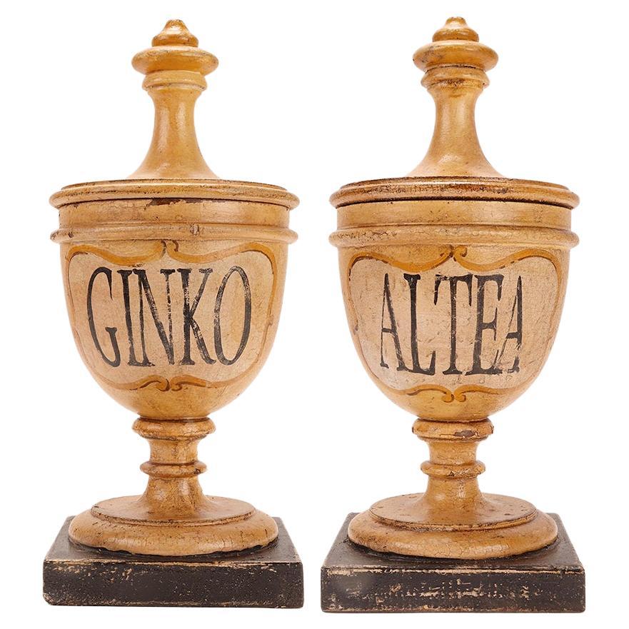 Small herbalist pharmacy wooden jars, Italy 1870.