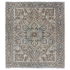 Small Heriz Rug with Bold Medallion Design in Pale Blue, Brown, Taupe, and Cream