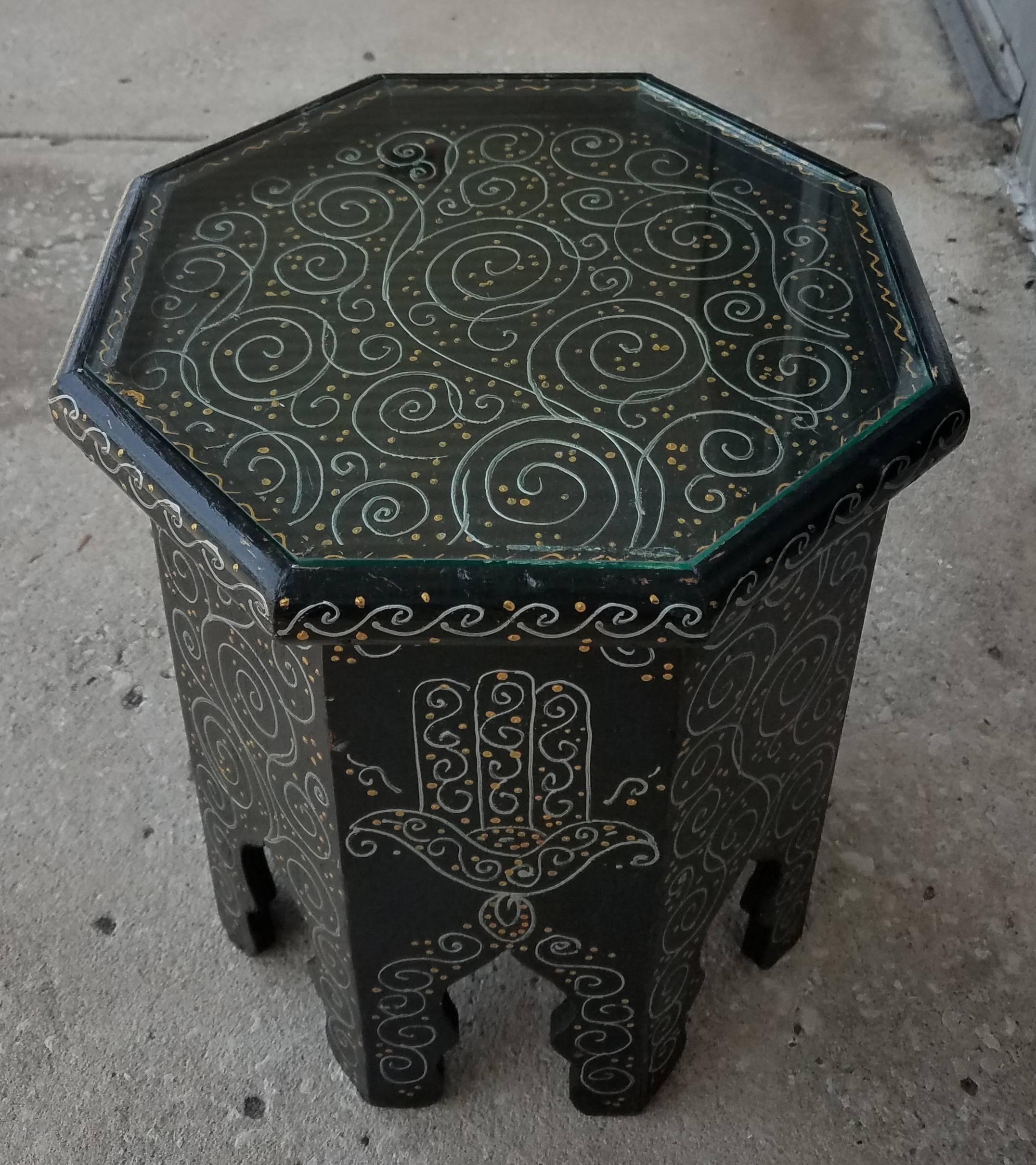 Small Hexagonal Moroccan Hand-Painted Side Table, Black For Sale 1
