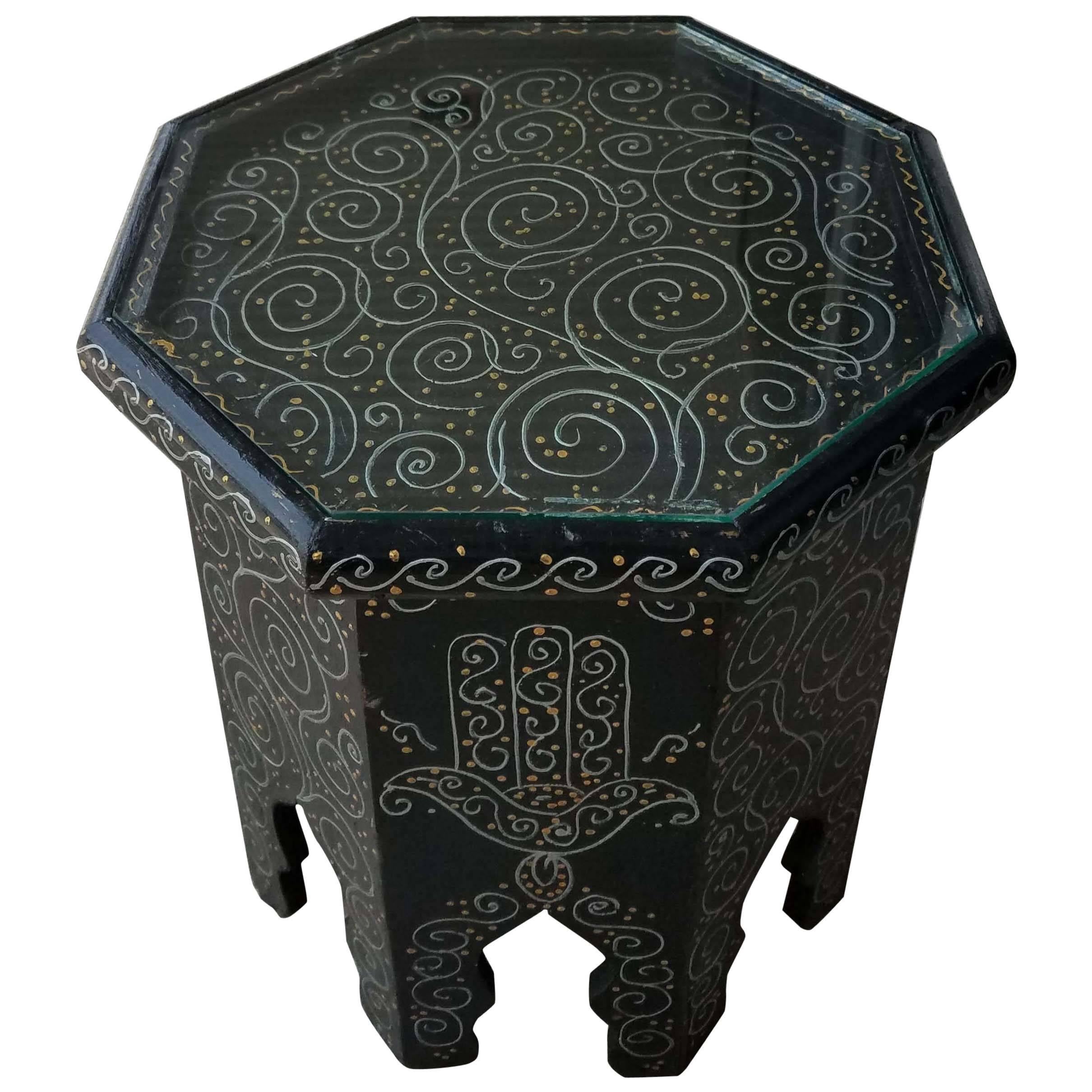 Small Hexagonal Moroccan Hand-Painted Side Table, Black For Sale