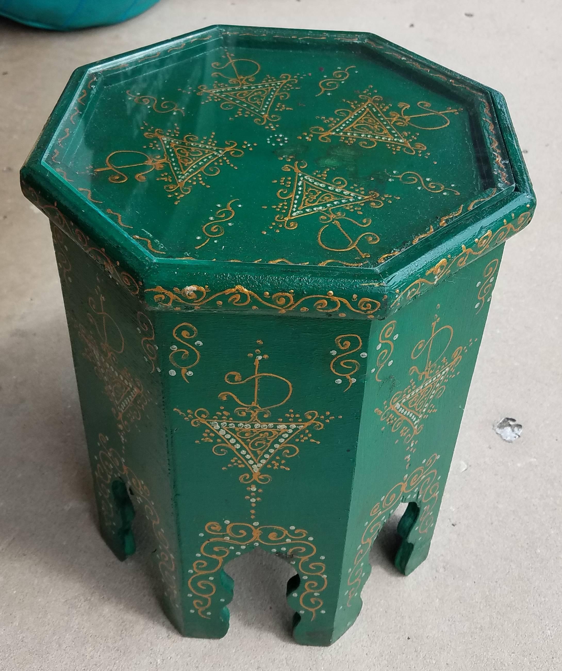Contemporary Small Hexagonal Moroccan Hand-Painted Side Table in Green