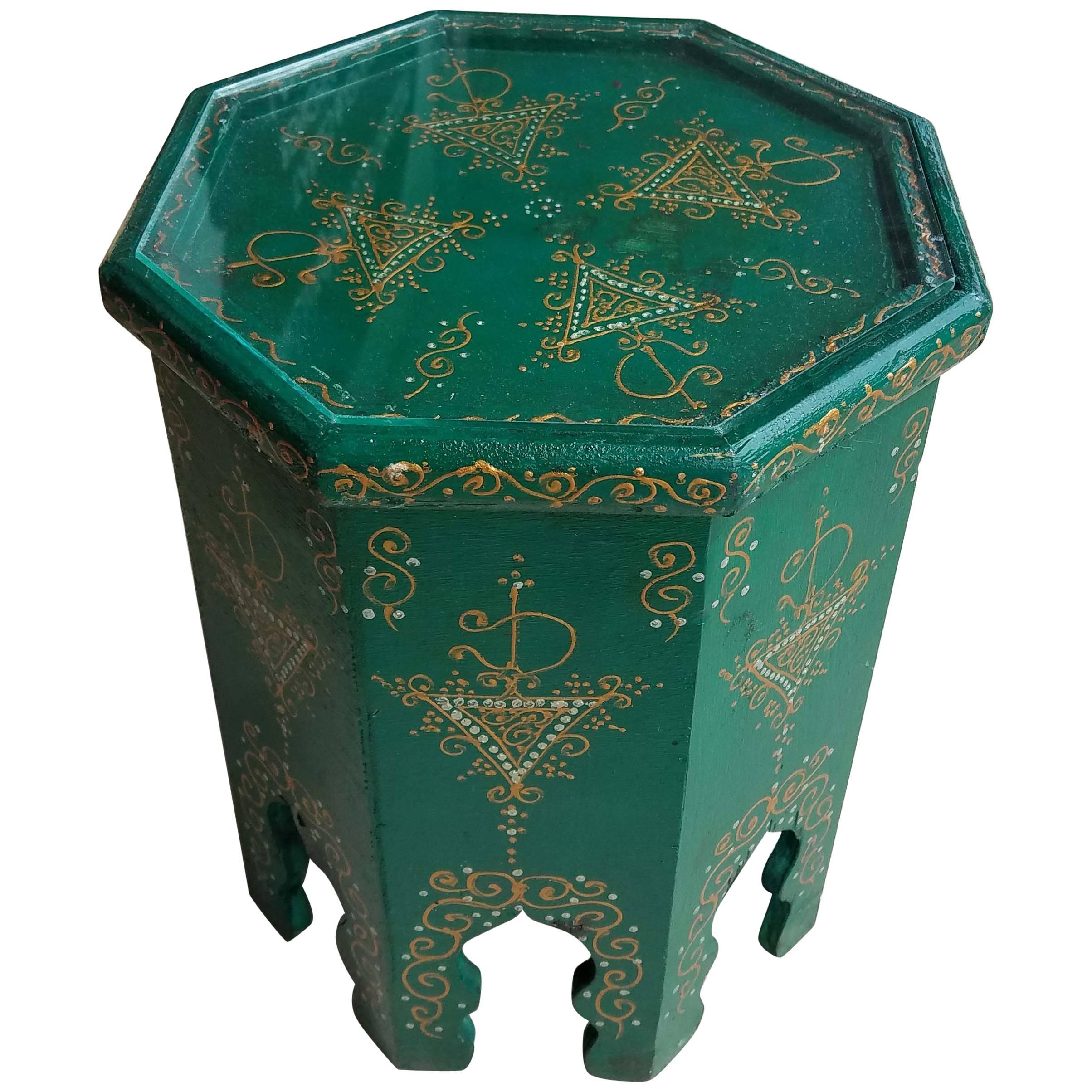 Small Hexagonal Moroccan Hand-Painted Side Table in Green