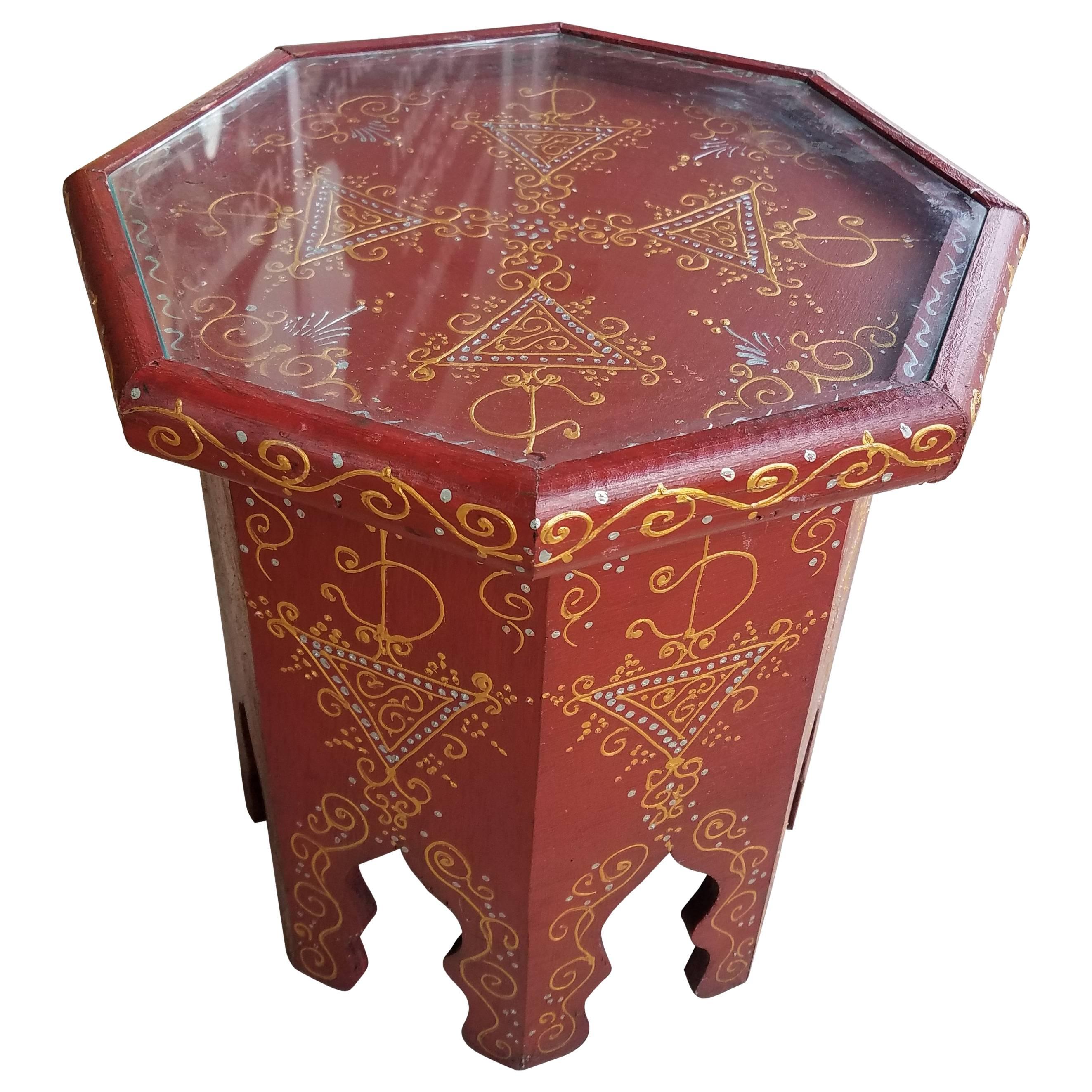Small Hexagonal Moroccan Hand-Painted Side Table, Red For Sale
