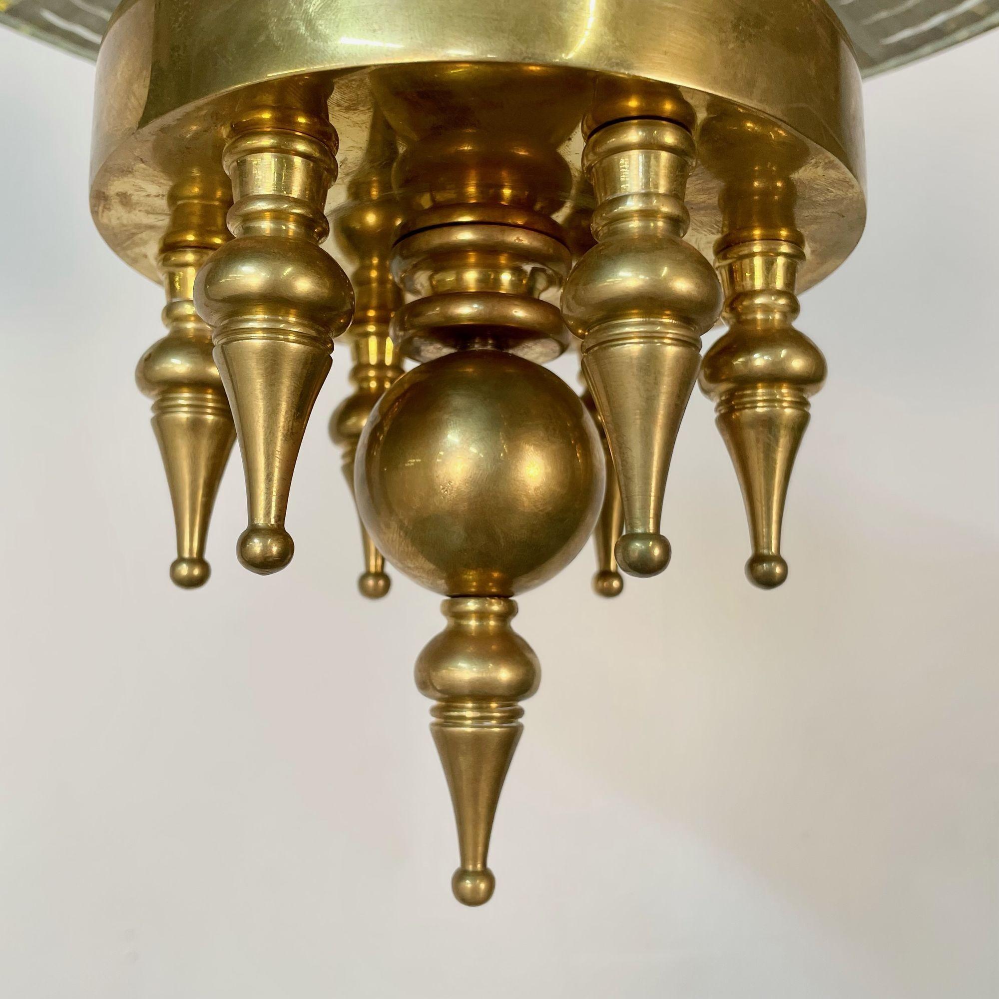 Small Hollywood Regency Style Brass Pendant / Chandelier, Starburst Etched Glass In Good Condition For Sale In Stamford, CT