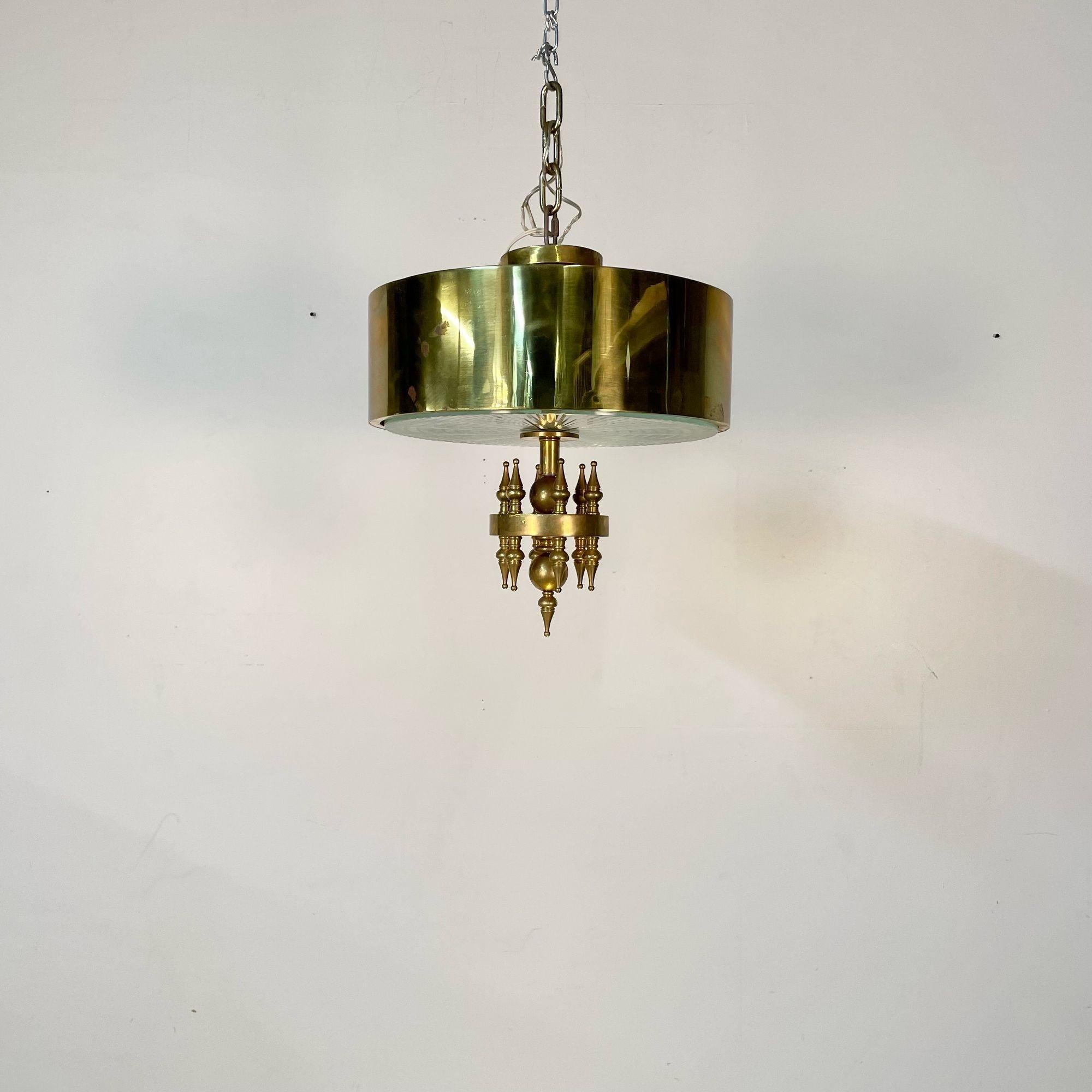 Contemporary Small Hollywood Regency Style Brass Pendant / Chandelier, Starburst Etched Glass For Sale