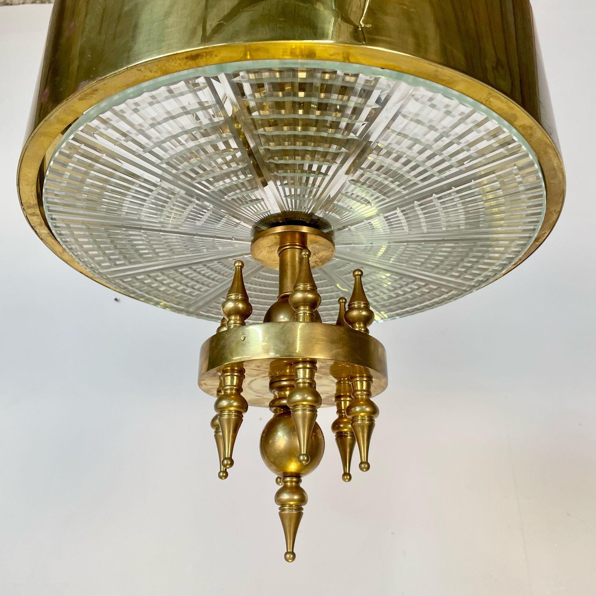 Small Hollywood Regency Style Brass Pendant / Chandelier, Starburst Etched Glass For Sale 2