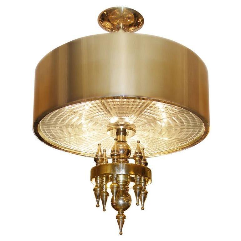 Small Hollywood Regency Style Brass Pendant / Chandelier, Starburst Etched Glass For Sale