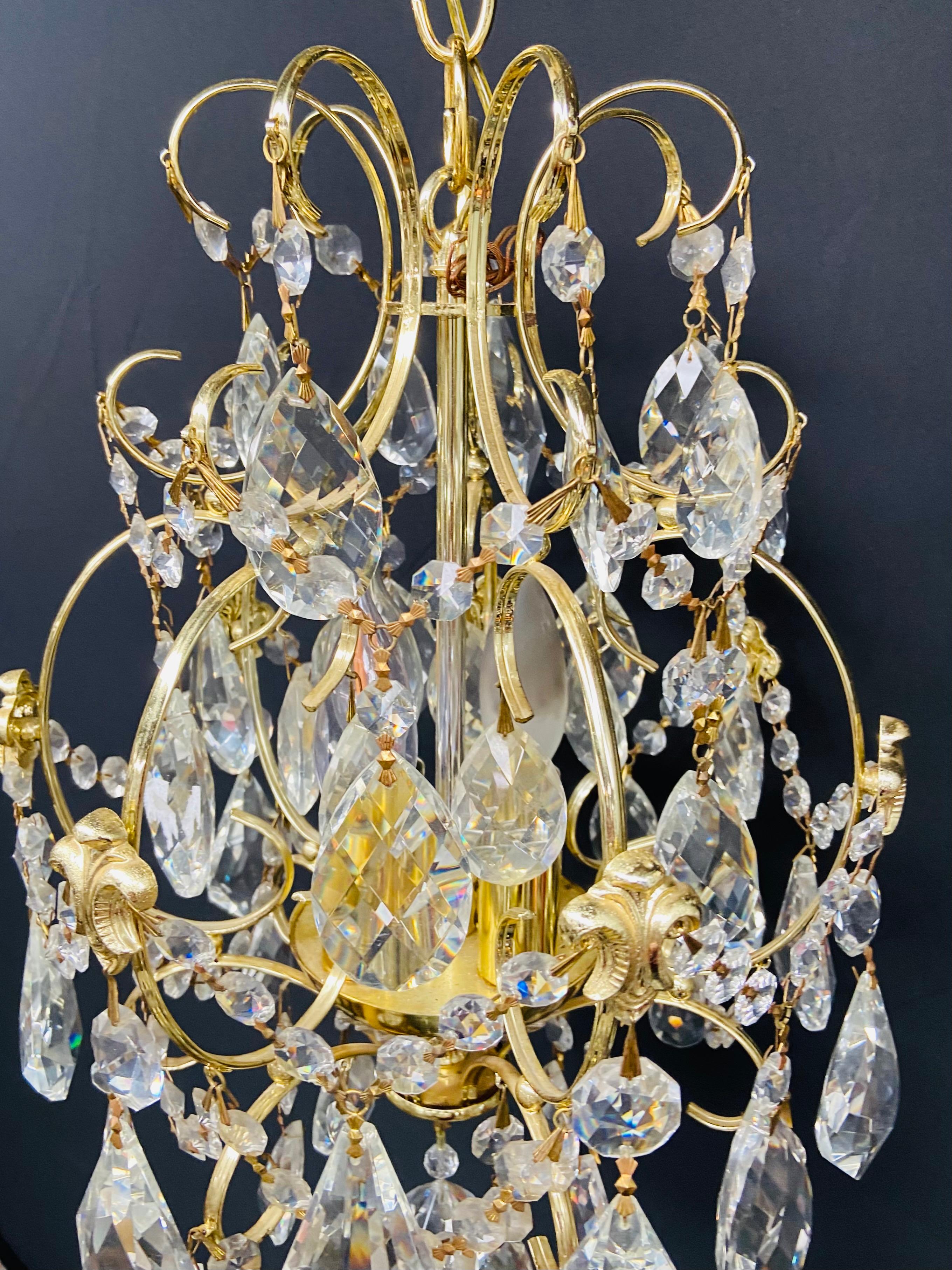 Small Hollywood Regency Style Crystal Brass Chandelier 7