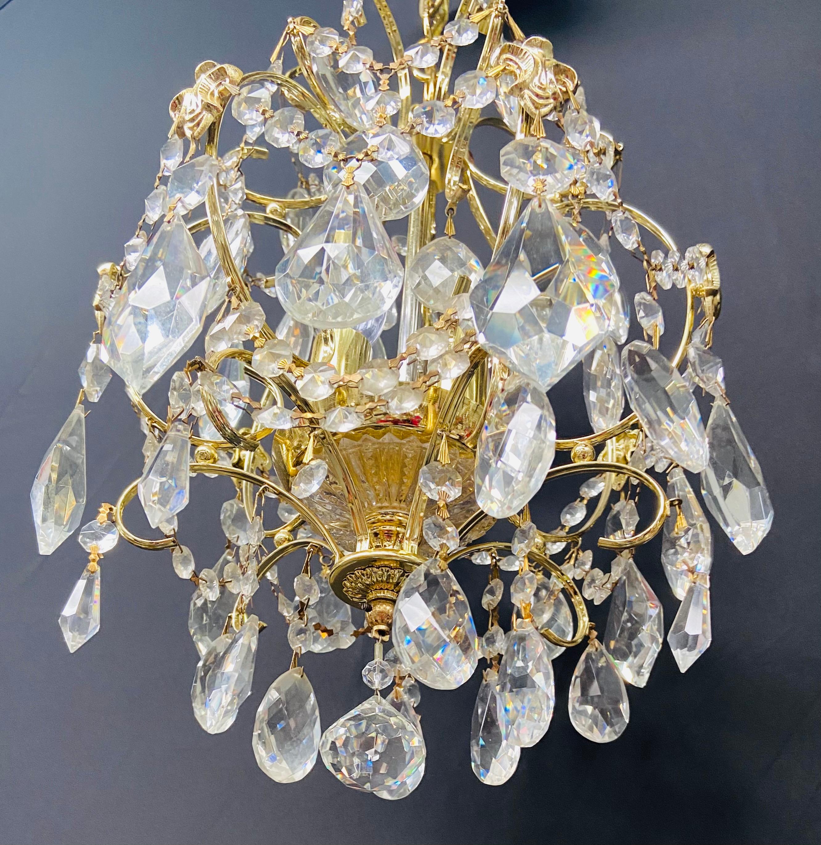 Small Hollywood Regency Style Crystal Brass Chandelier 8