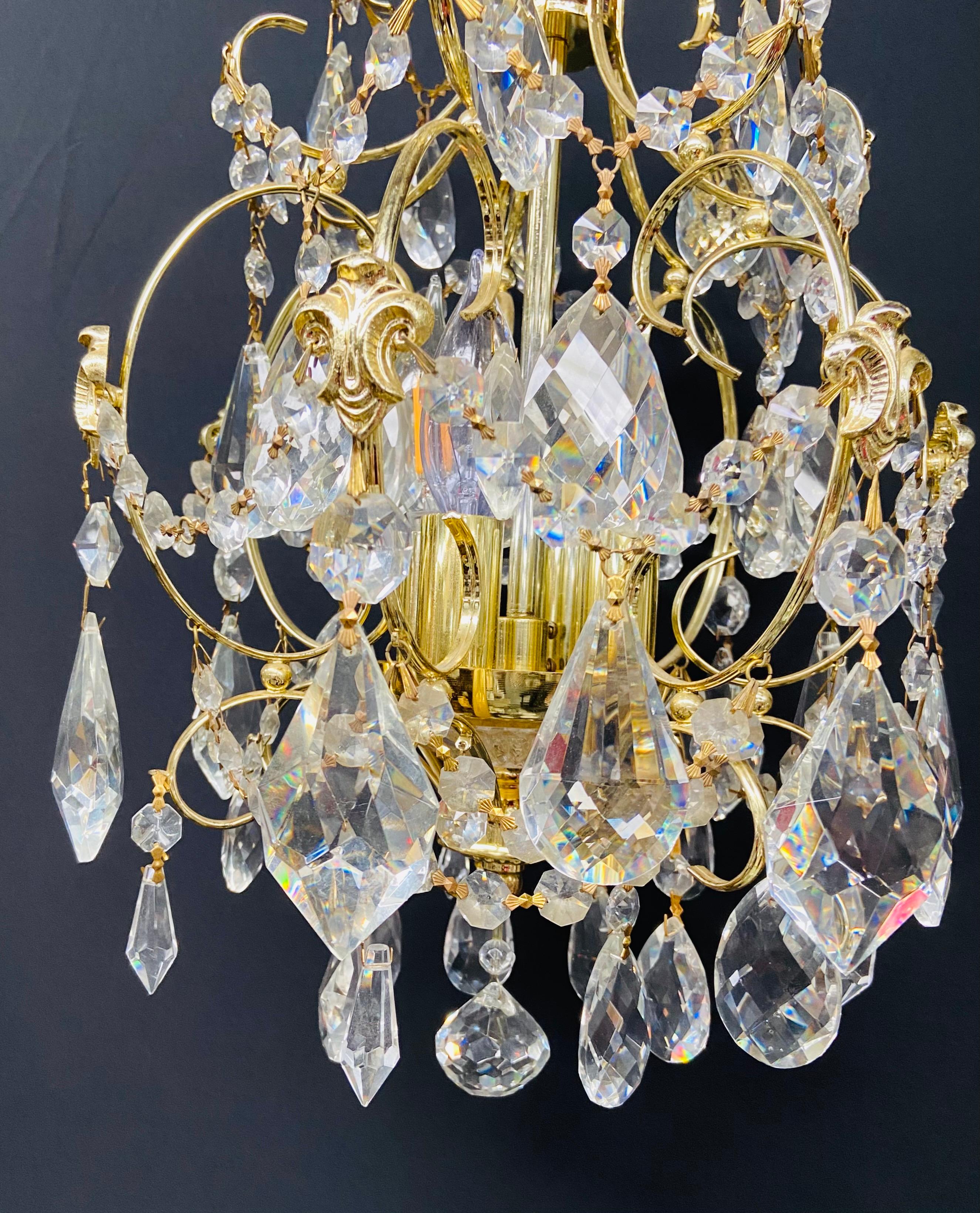 Small Hollywood Regency Style Crystal Brass Chandelier 9