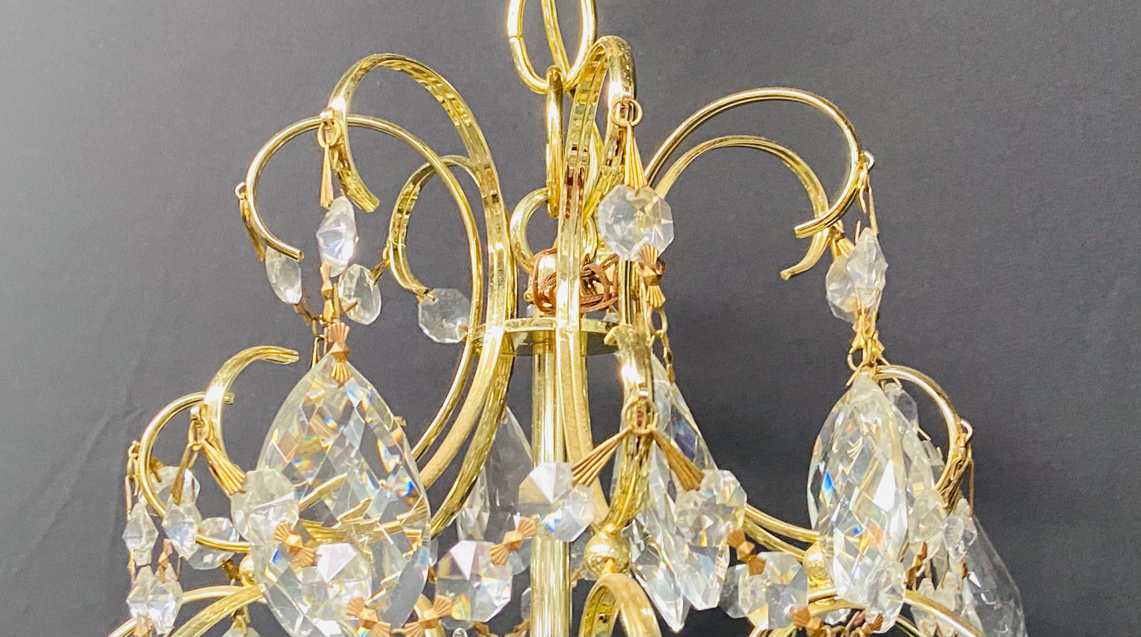 Small Hollywood Regency Style Crystal Brass Chandelier 11