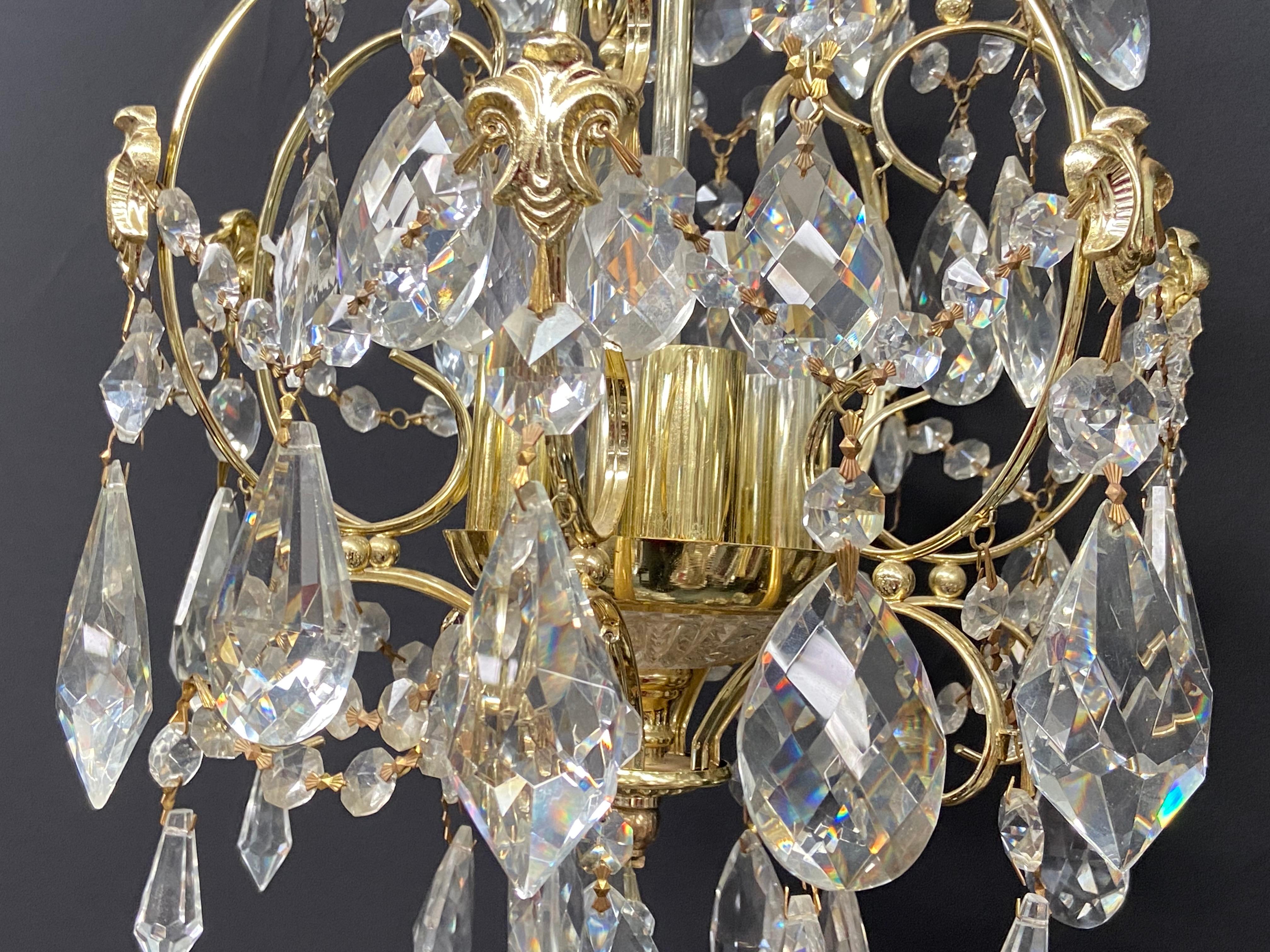 Small Hollywood Regency Style Crystal Brass Chandelier 12
