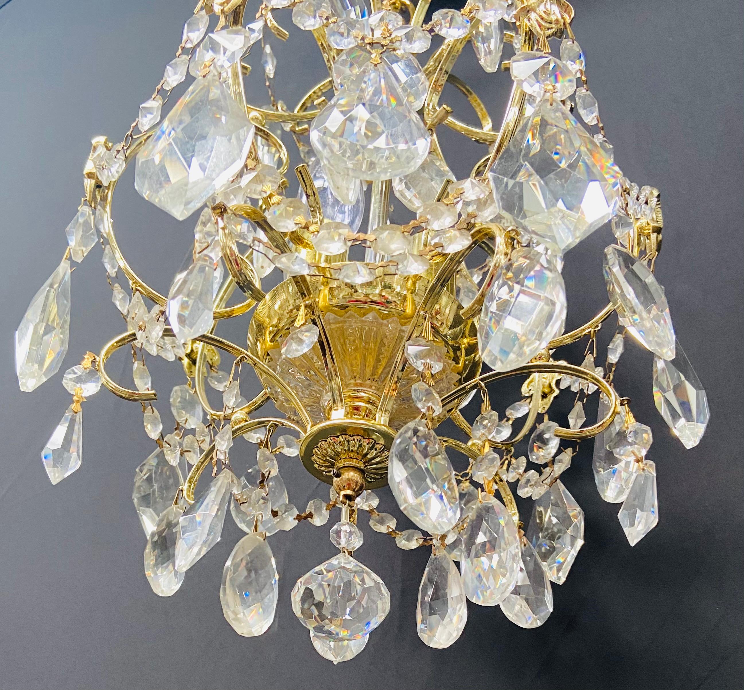 Late 20th Century Small Hollywood Regency Style Crystal Brass Chandelier