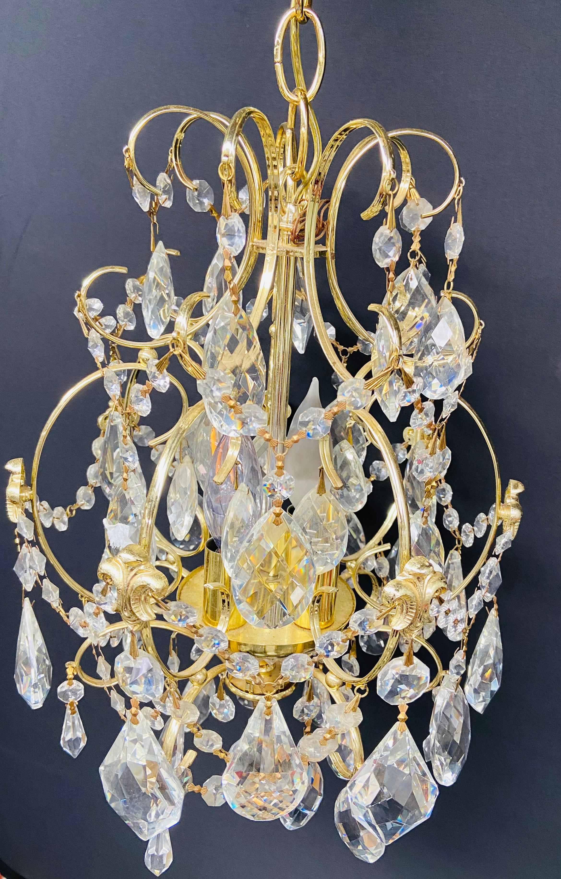 Small Hollywood Regency Style Crystal Brass Chandelier 2