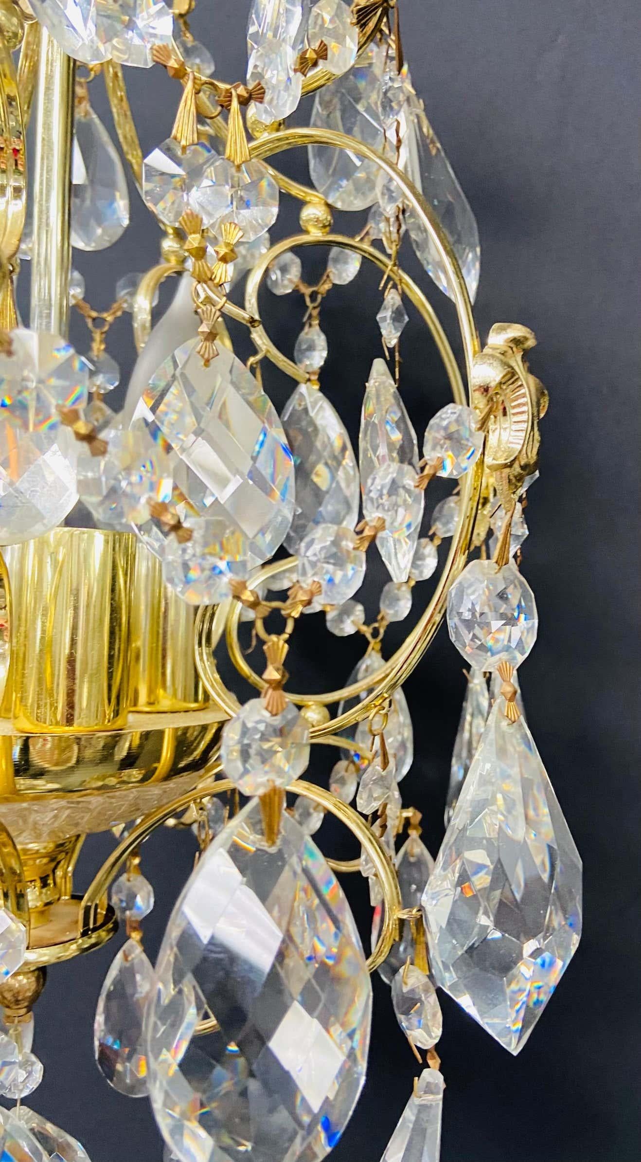 Small Hollywood Regency Style Crystal Brass Chandelier 4