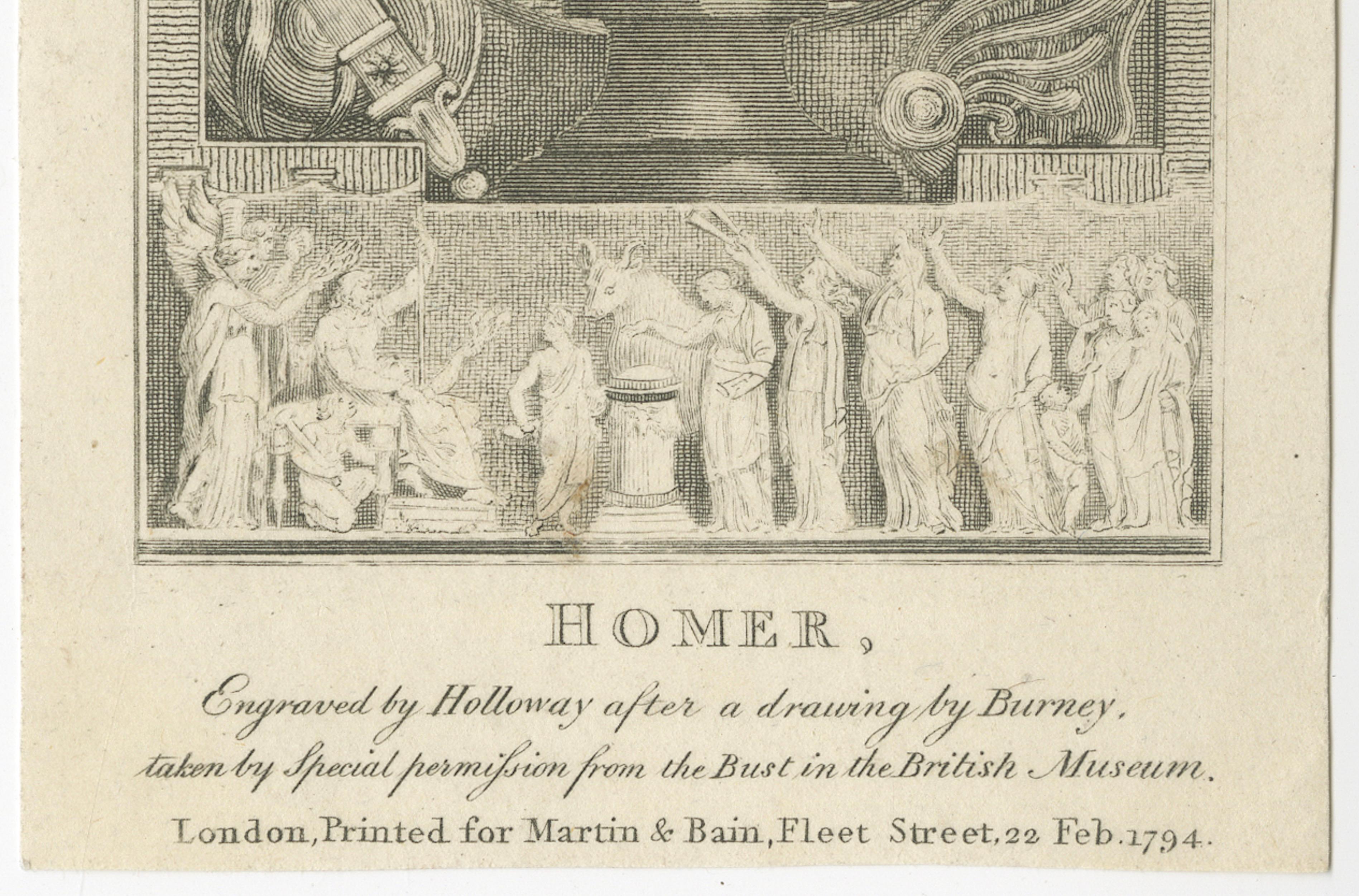Small Homer Bust Portrait Engraving after Burney, Classical Print, 1794