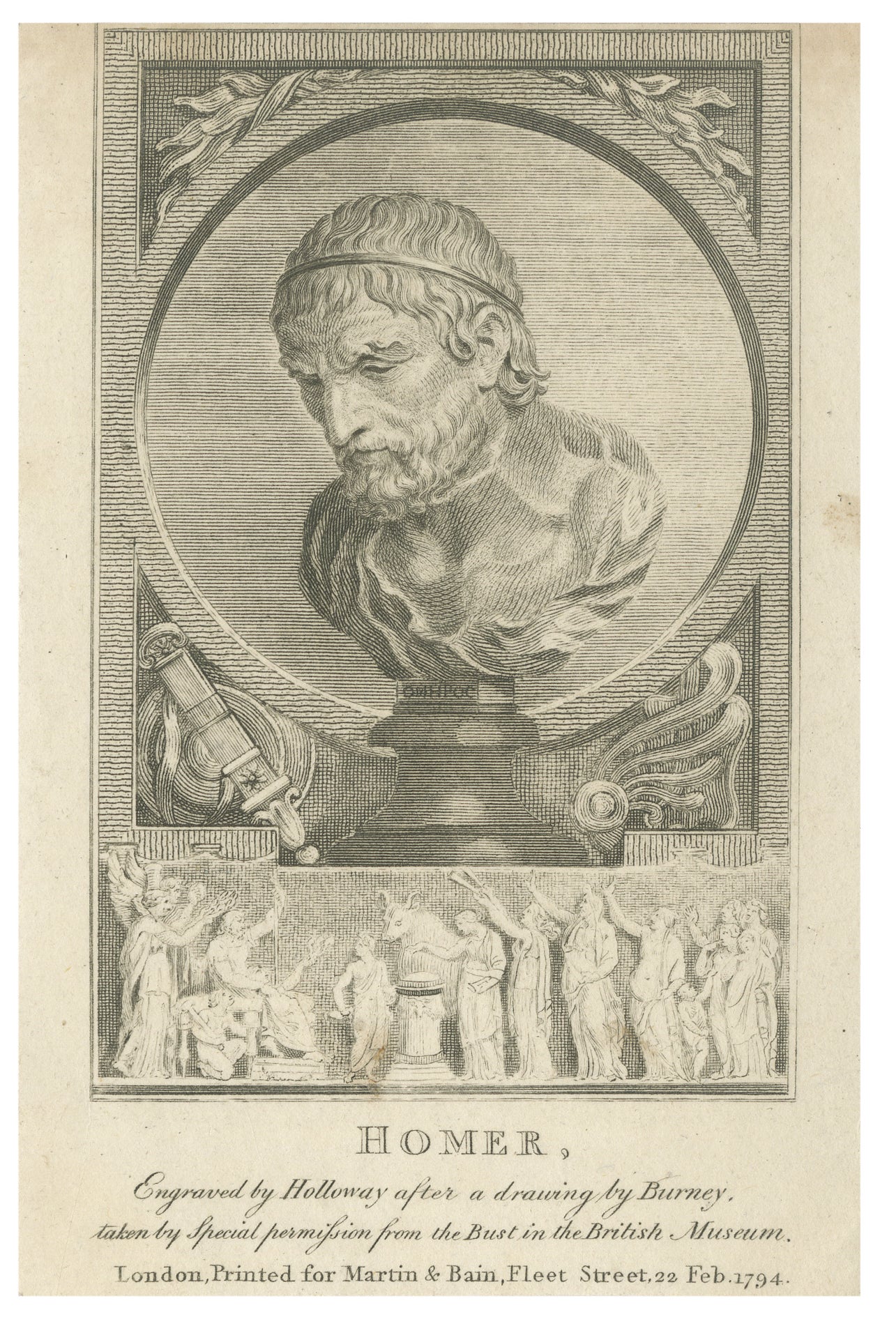 Portrait en buste du petit Homer Gravure d'après Burney, estampe classique, 1794 en vente