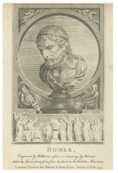 Small Homer Bust Portrait Engraving after Burney, Classical Print, 1794