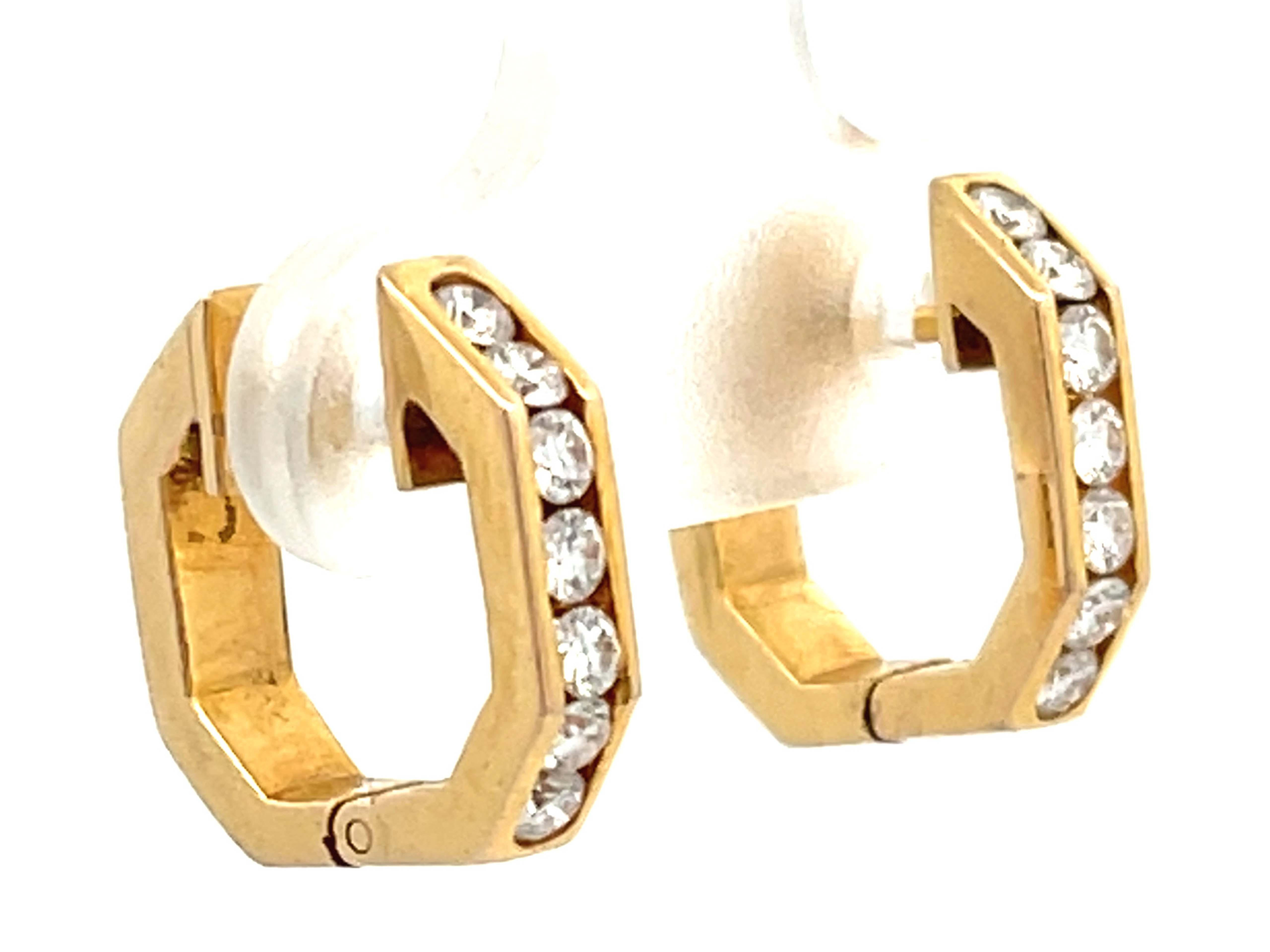 Modern Small Hoop Channel Set Diamond Earrings in 14k Yellow Gold For Sale