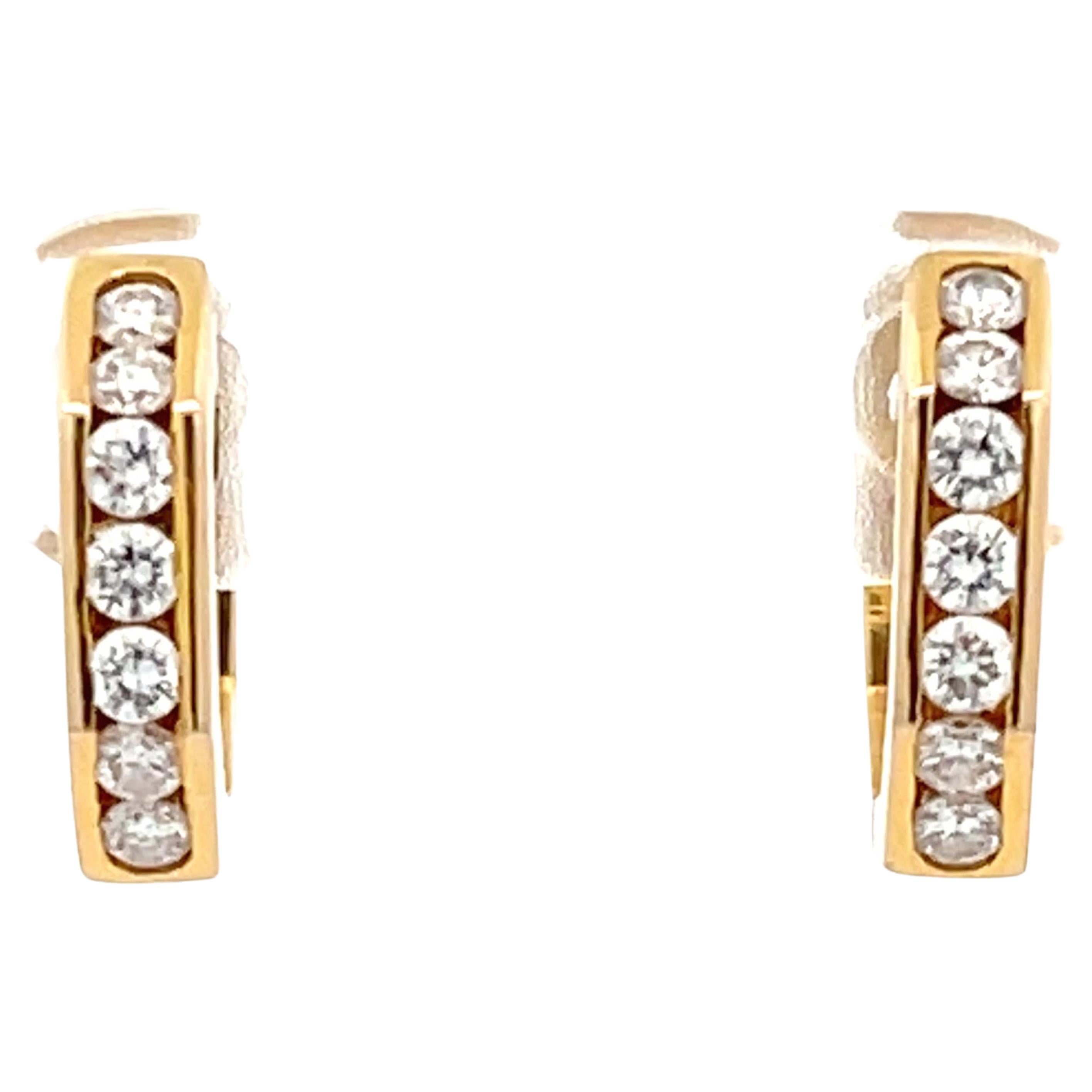 Small Hoop Channel Set Diamond Earrings in 14k Yellow Gold For Sale
