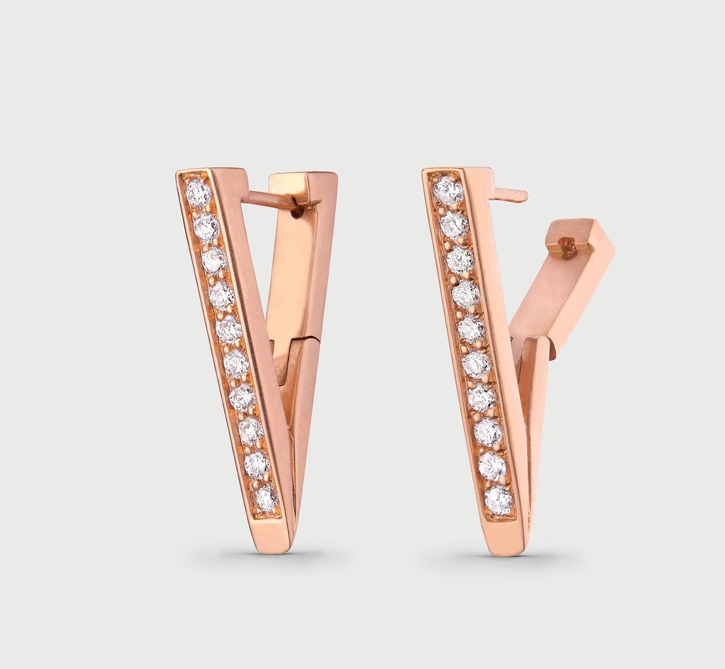 Small Hoop Earrings crafted in 18K Rose Gold & White Diamonds 0.28 ct.  18K Matt Rose Gold 5.4 gr. 

Hand crafted and made in Italy. Gemstones are natural and not treated. 

Design is inspired by sacred geometry - the triangle. 
Triangles are a