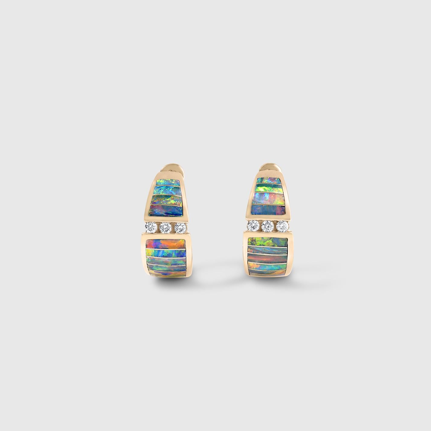 Huggie-Hoop, Hinged Post Earrings, 5 Star, Opal Inlay, with Diamond Detail, 14kt Gold, Diamonds - .09ct

All designs may be custom-ordered in many of Kabana’s stones, including: sleeping beauty turquoise, turquoise, four-star opal,