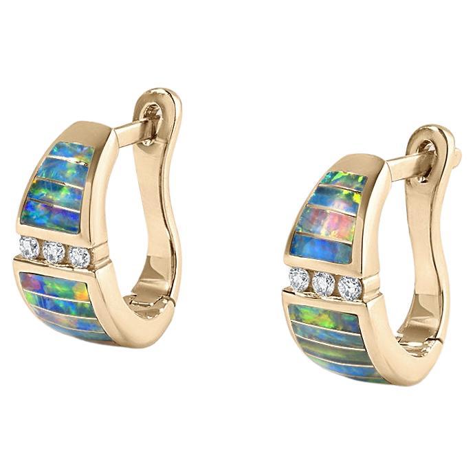 Small Hoop Earrings with High Grade Opal Inlay and Diamonds, 14 Karat Gold For Sale