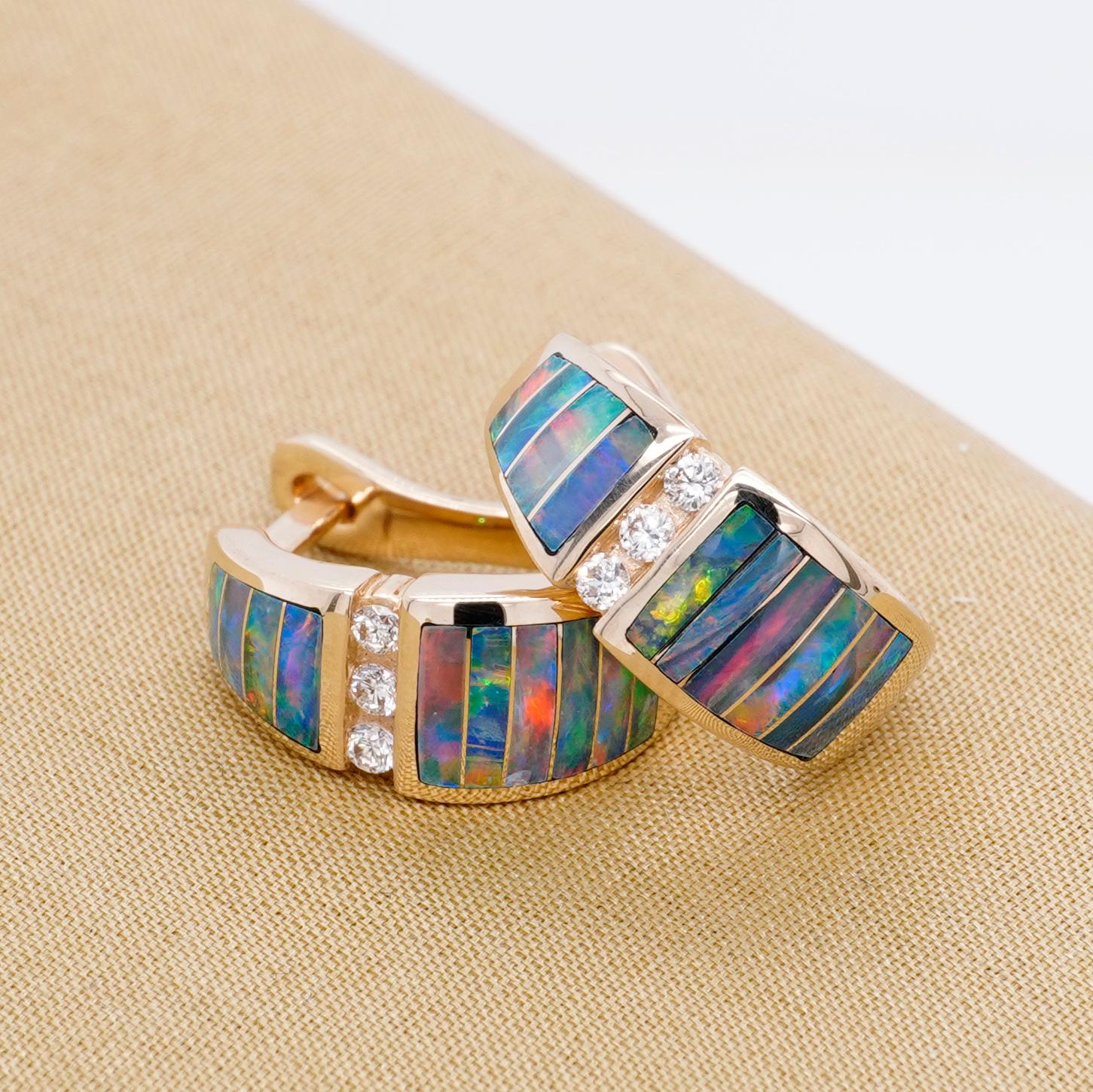 Contemporary Small Hoop Earrings with High Grade Opal Inlay and Diamonds, 14 Karat Gold For Sale