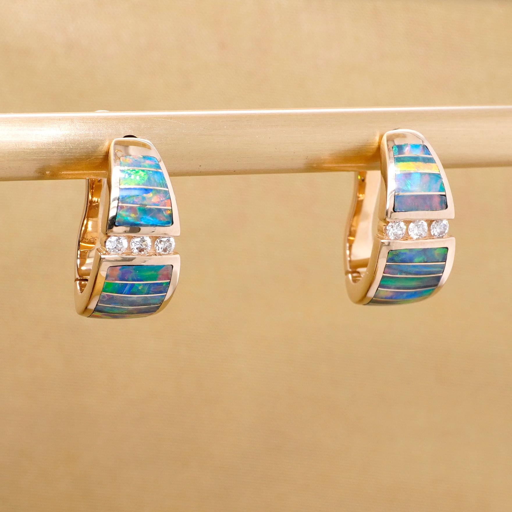 Square Cut Small Hoop Earrings with High Grade Opal Inlay and Diamonds, 14 Karat Gold For Sale