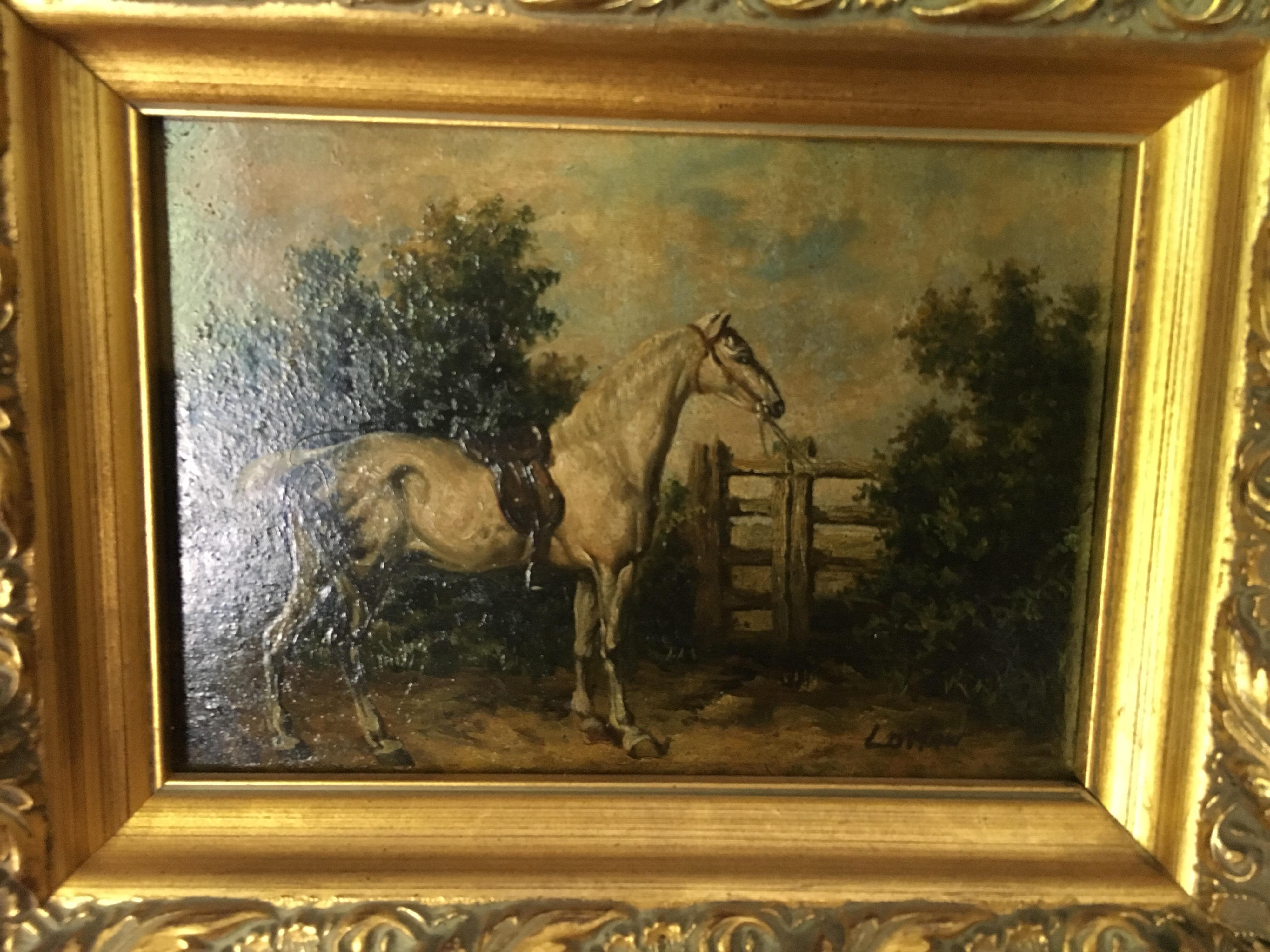 Lovely classical petite painting of a horse in evocative English style countryside. Oil on board. Artist unknown, circa 1900.

Listed dimensions without frame. With frame dimensions: 13