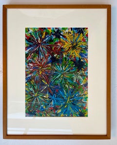 Small Impasto Pop Art Painting "Fire Works" on Board in Perakis Walnut Frame