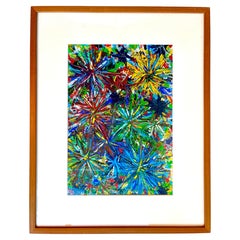 Small Impasto Pop Art Painting "Fire Works" on Board in Perakis Walnut Frame