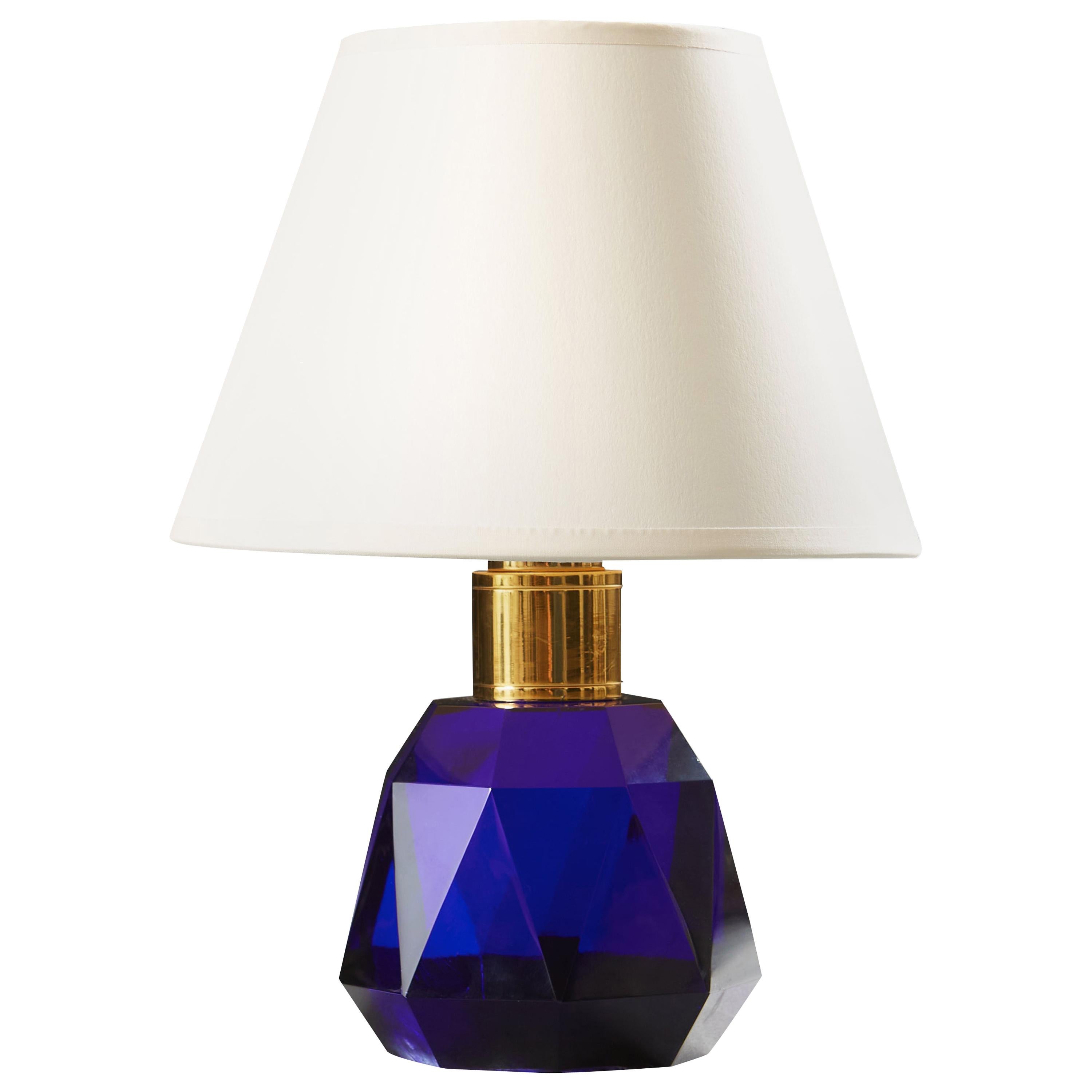 Small Imperial Blue Cut Glass Table Lamp For Sale