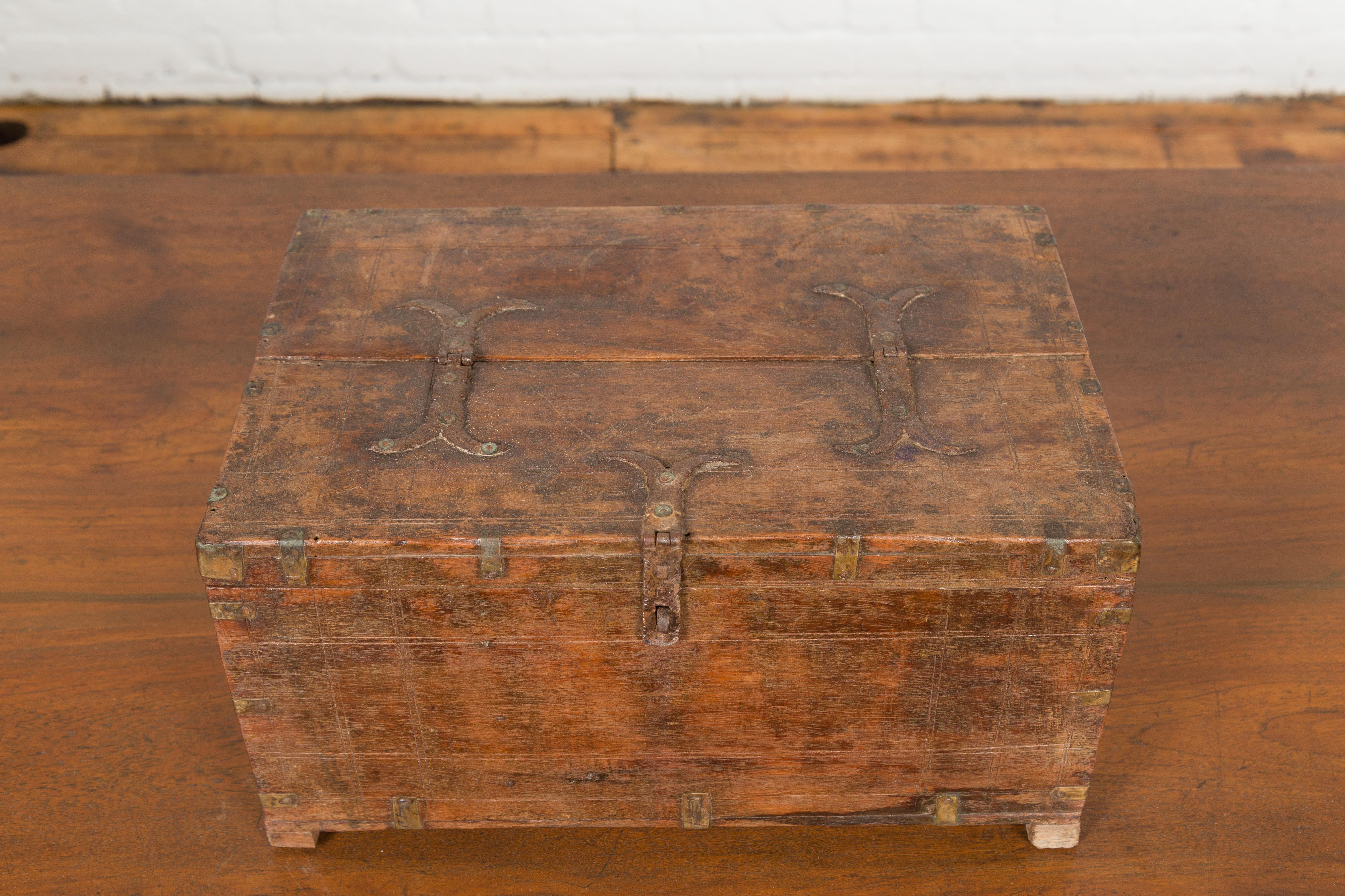 Small Indian 19th Century Box with Brass Details and Compartmented Interior For Sale 1