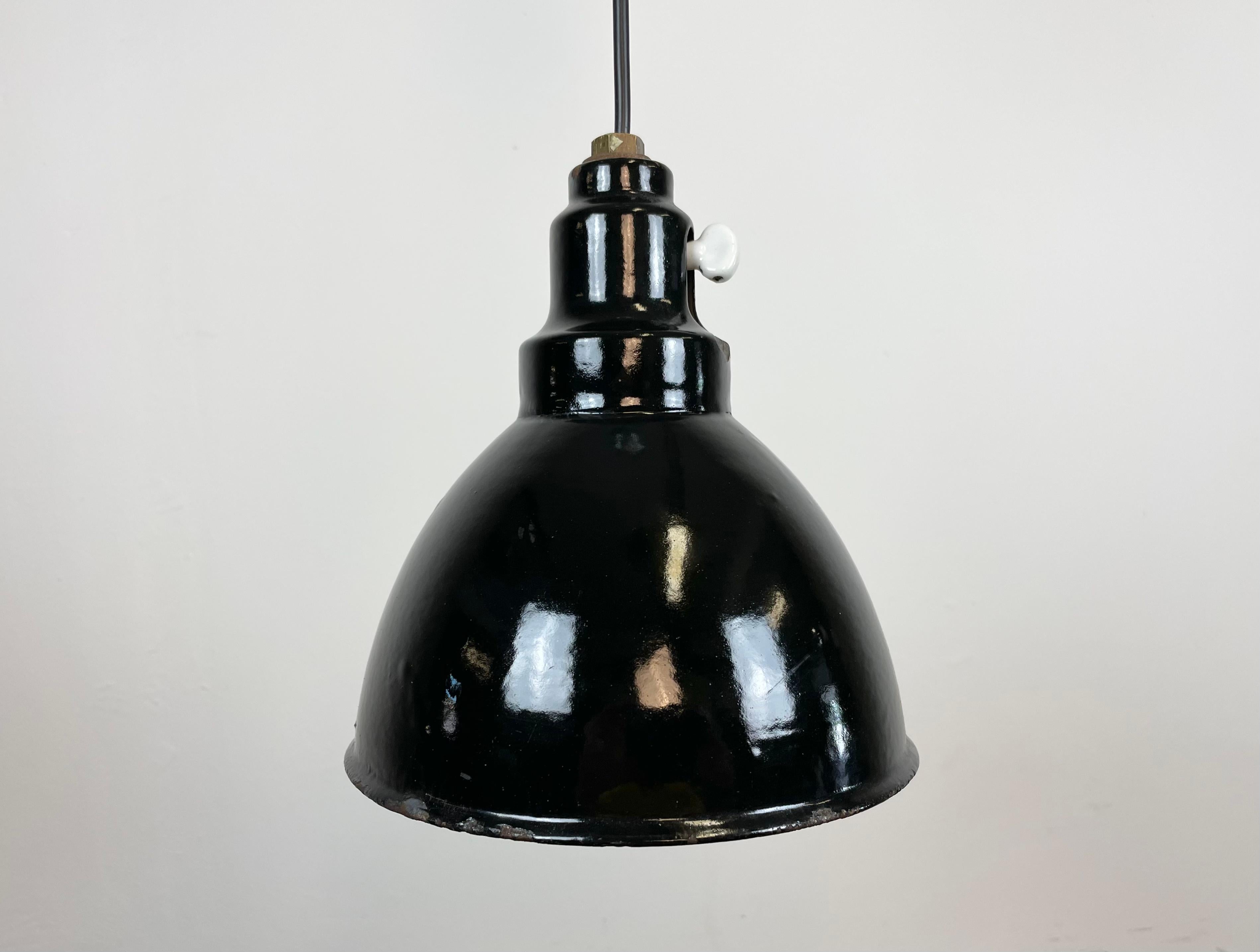 Czech Small Industrial Black Enamel Pendant Lamp, 1950s For Sale
