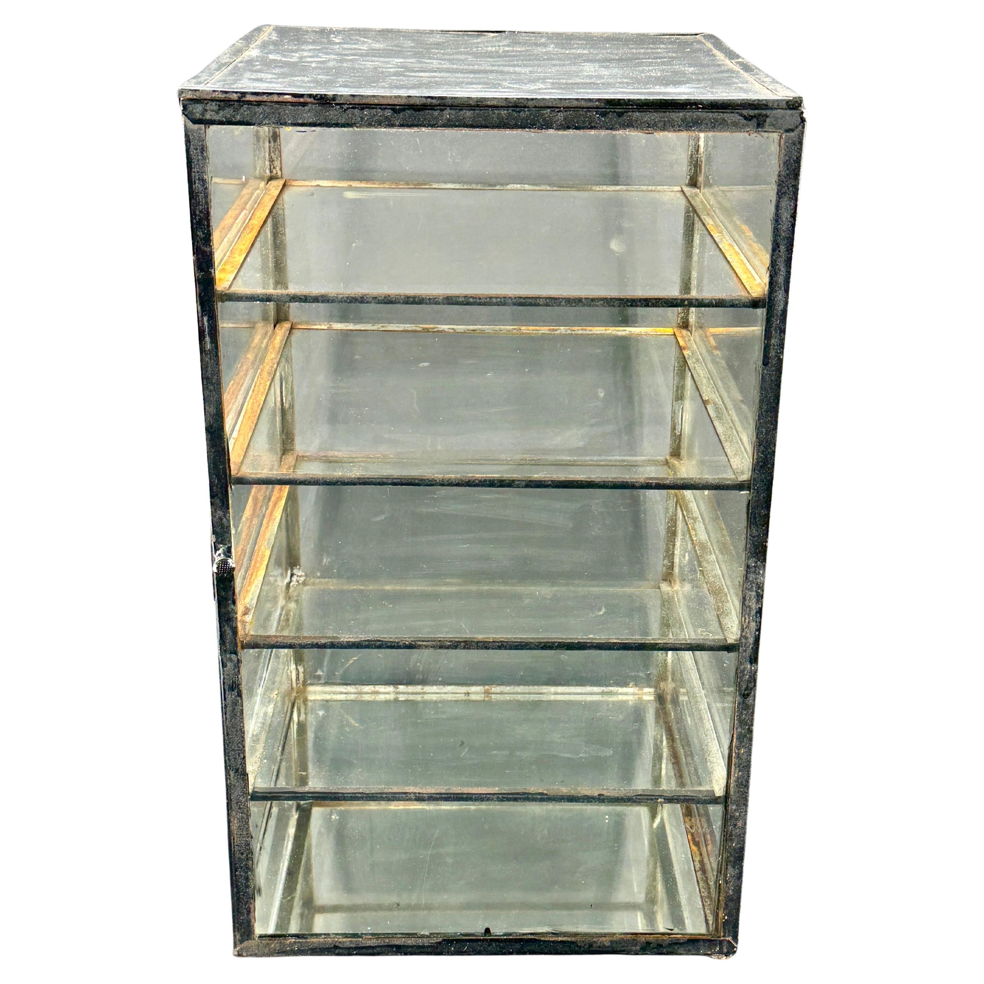 Small Industrial Black Painted Table Glass Vitrine Display Case