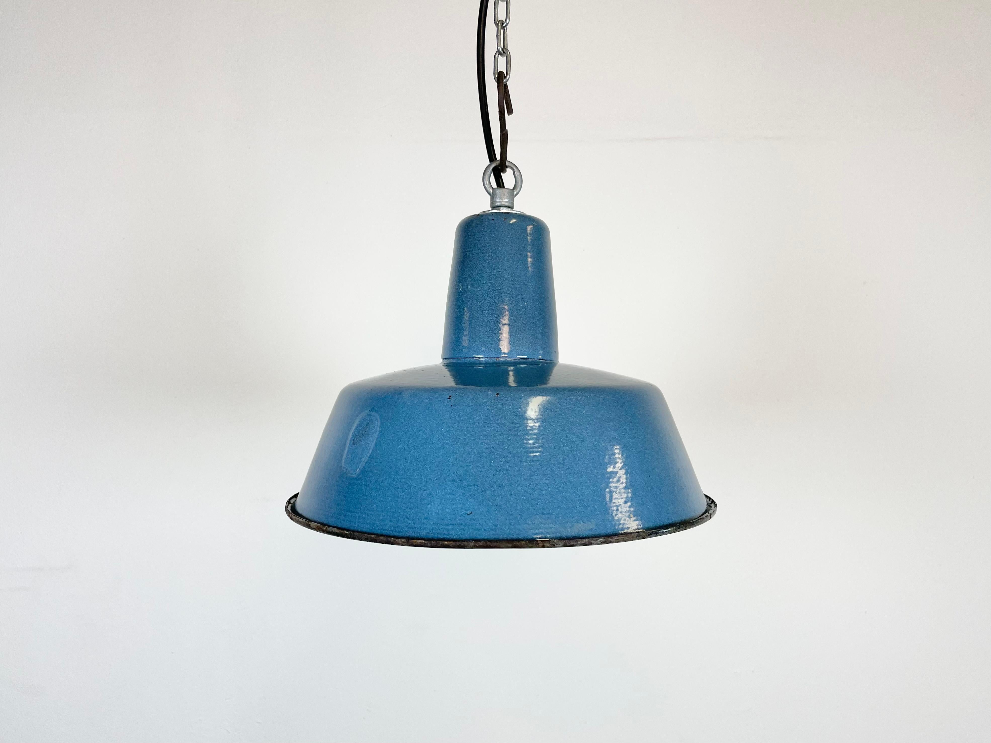 Polish Small Industrial Blue Enamel Pendant Lamp, 1960s For Sale