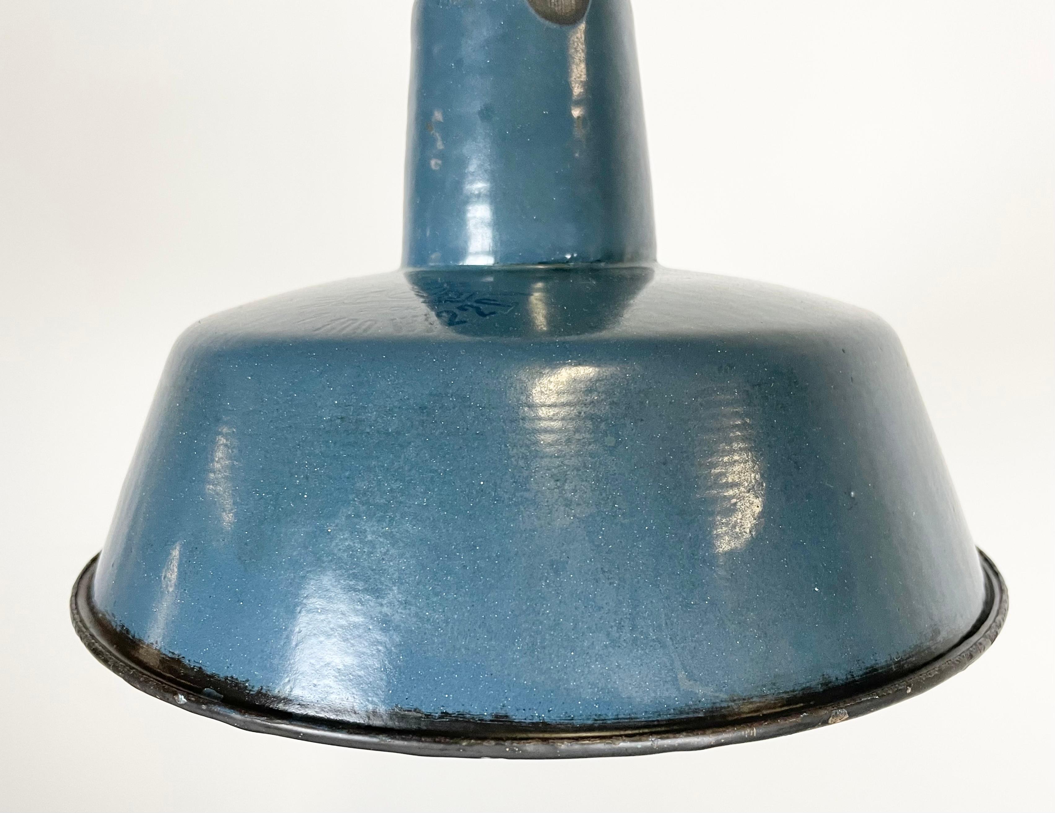 Polish Small Industrial Blue Enamel Pendant Lamp, 1960s For Sale