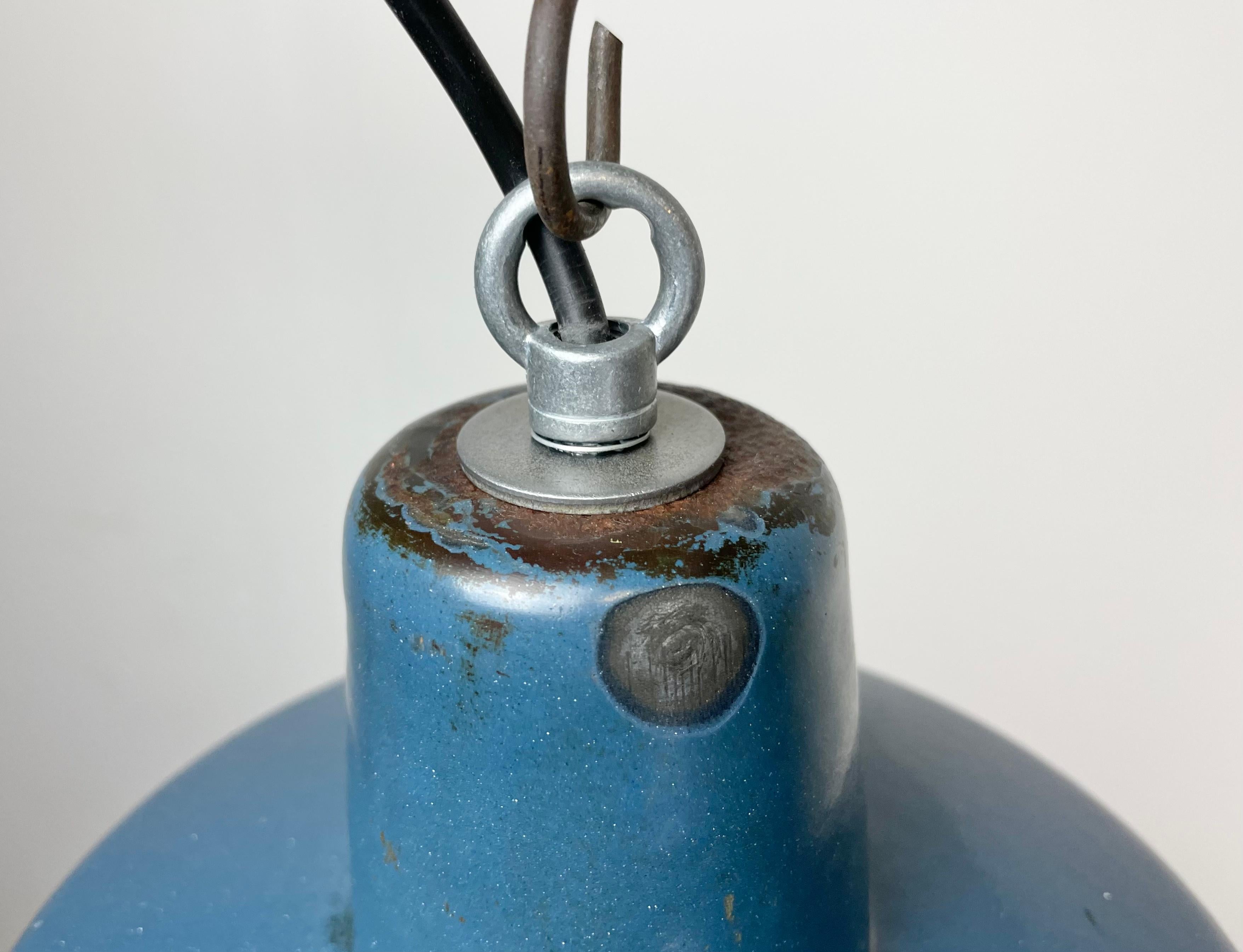 Polish Small Industrial Blue Enamel Pendant Lamp, 1960s For Sale