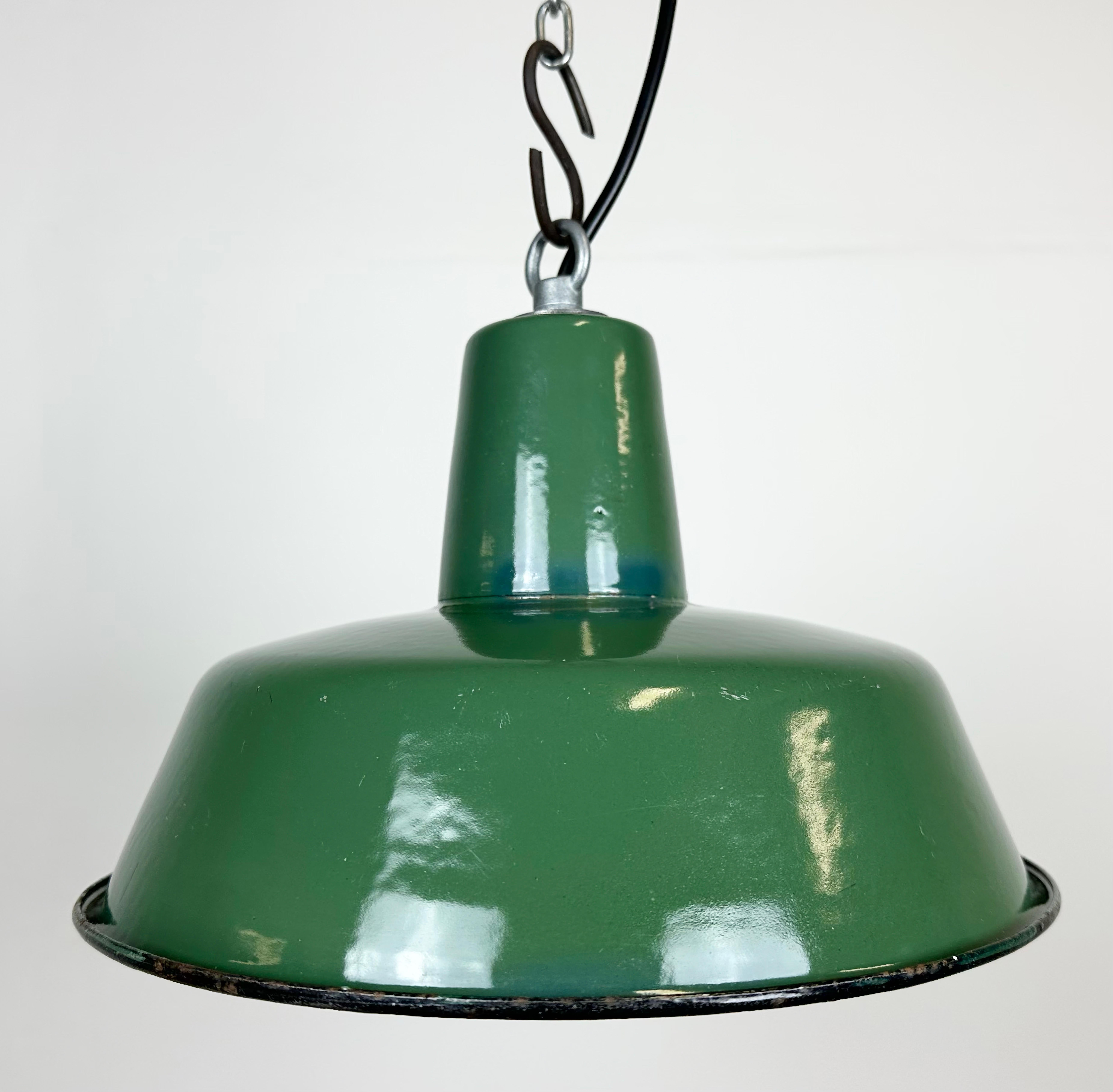 Polish Industrial Green Enamel Pendant Lamp, 1960s For Sale