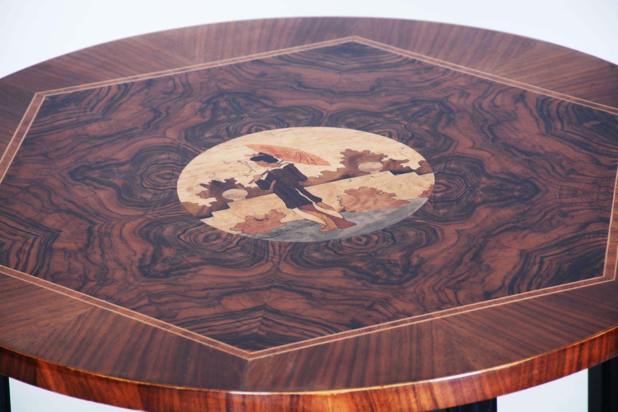 Wood Small Inlaid Art Deco Walnut Table from France, Asian Theme, Period 1930-1939