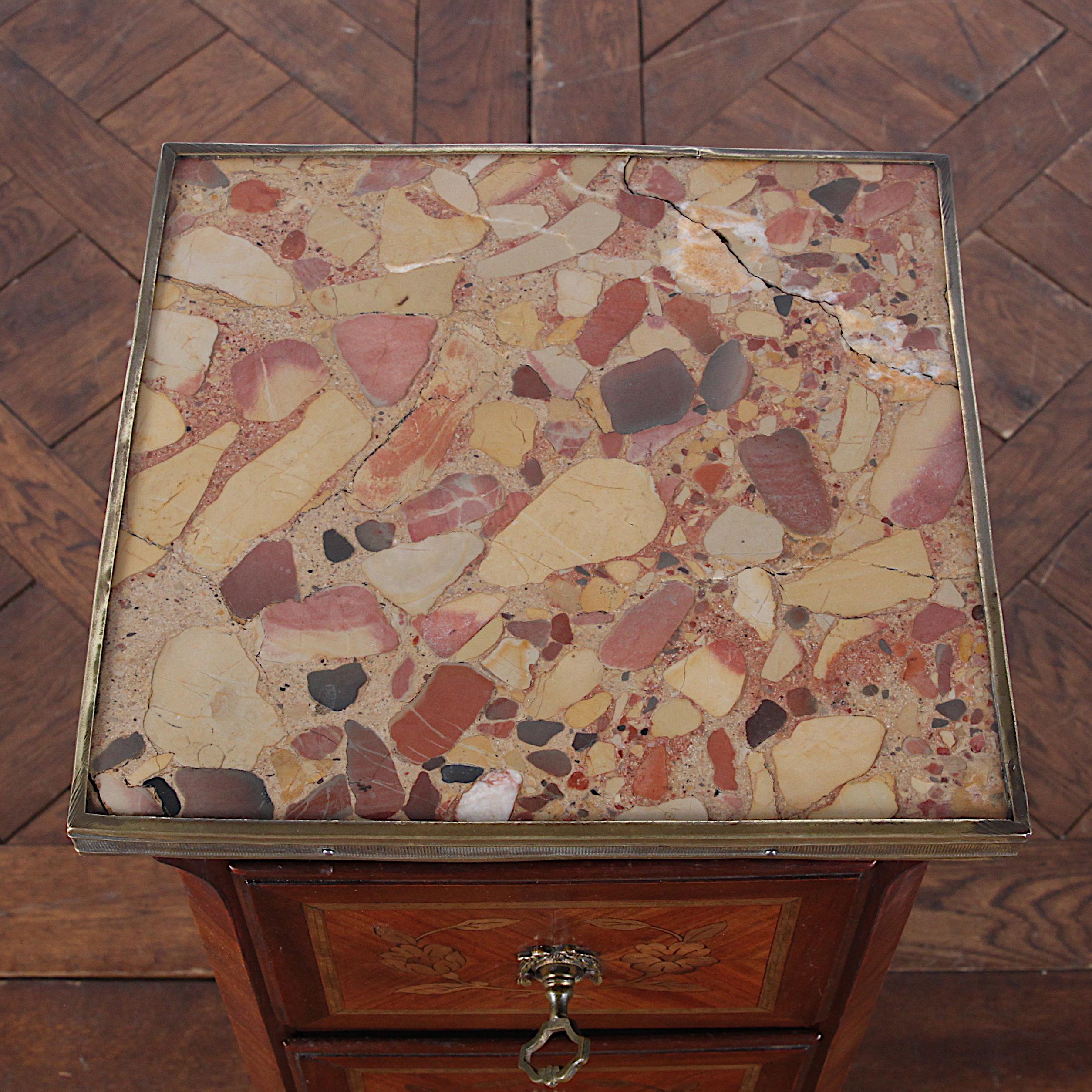 Unusual and rare small Breche D' Alep marble topped chest with four inlay drawers. From France.